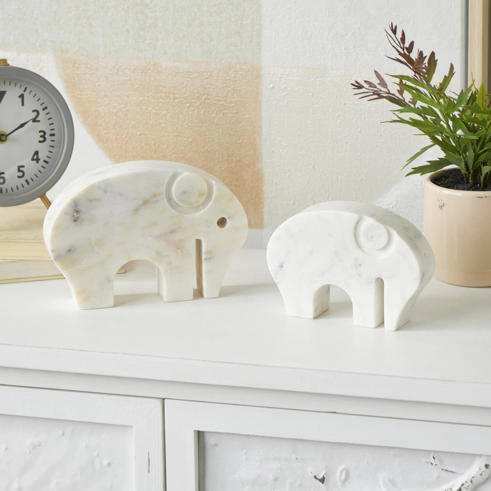 White &#x26; Gray Rounded Abstract Marble Elephant Sculpture Set