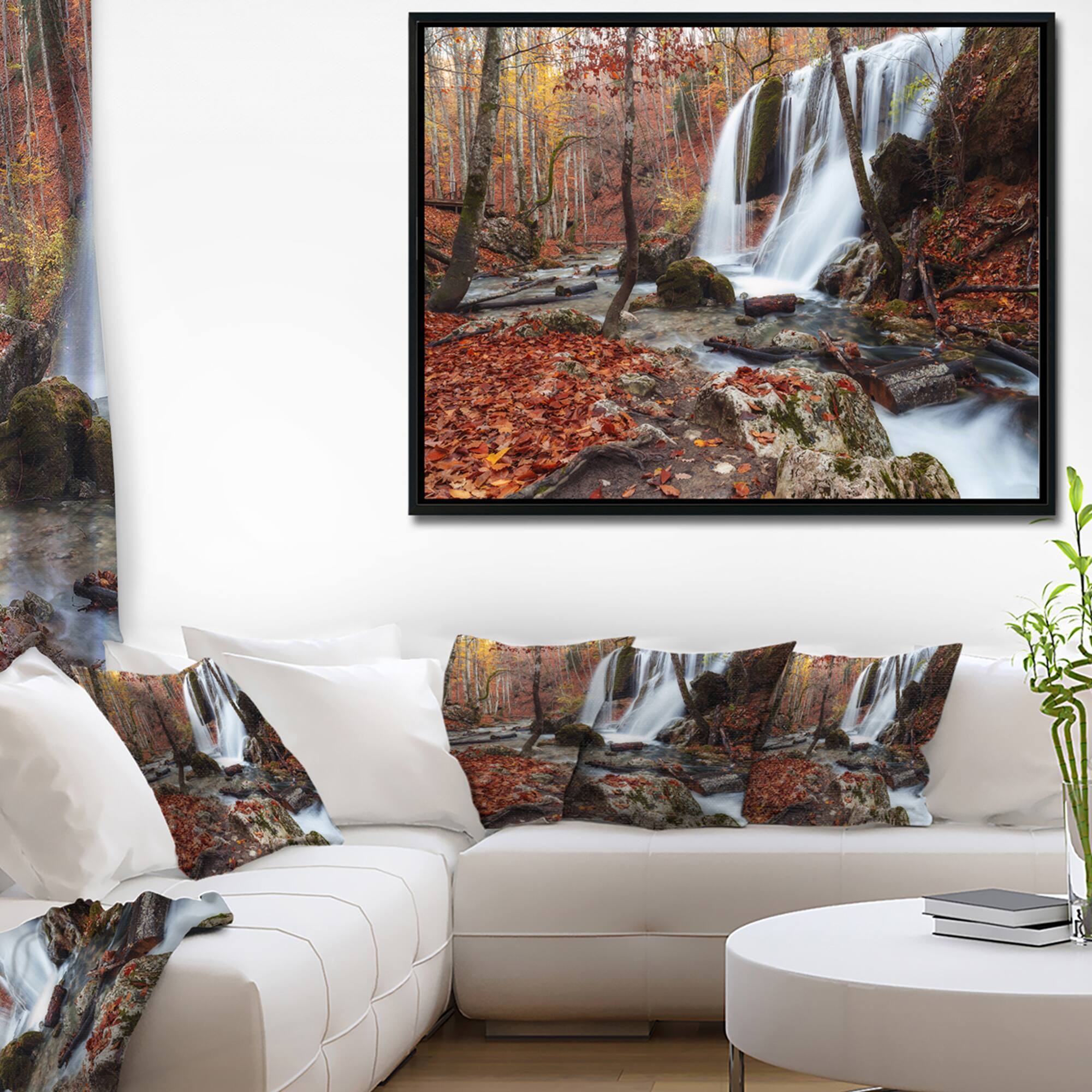 Designart - Crimea Waterfall in the Fall - Landscape Photo Canvas Art Print in Black Frame