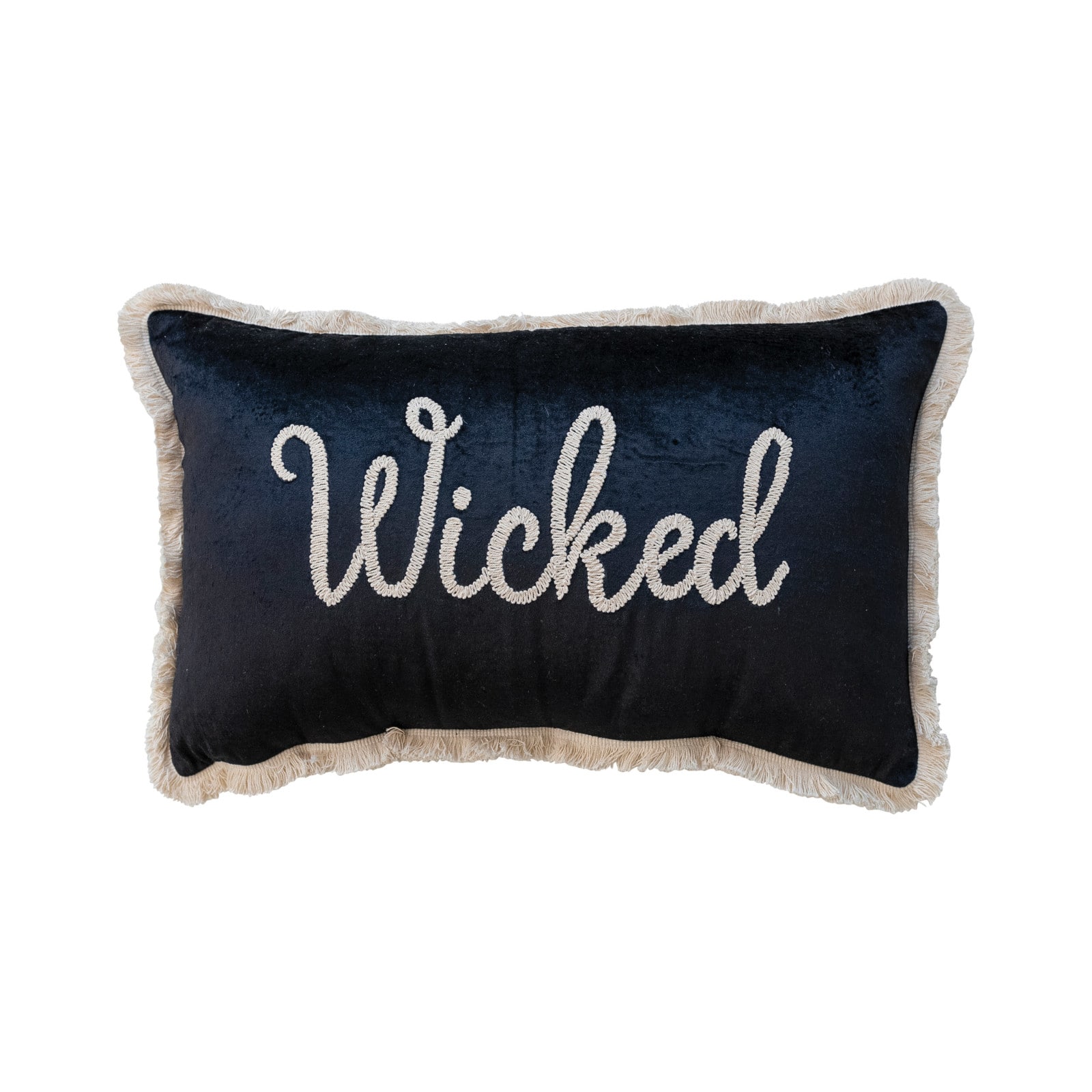Hello Honey® 24" x 14" Black & Cream Wicked Cotton Velvet Lumbar Pillow with Embroidery & Fringe