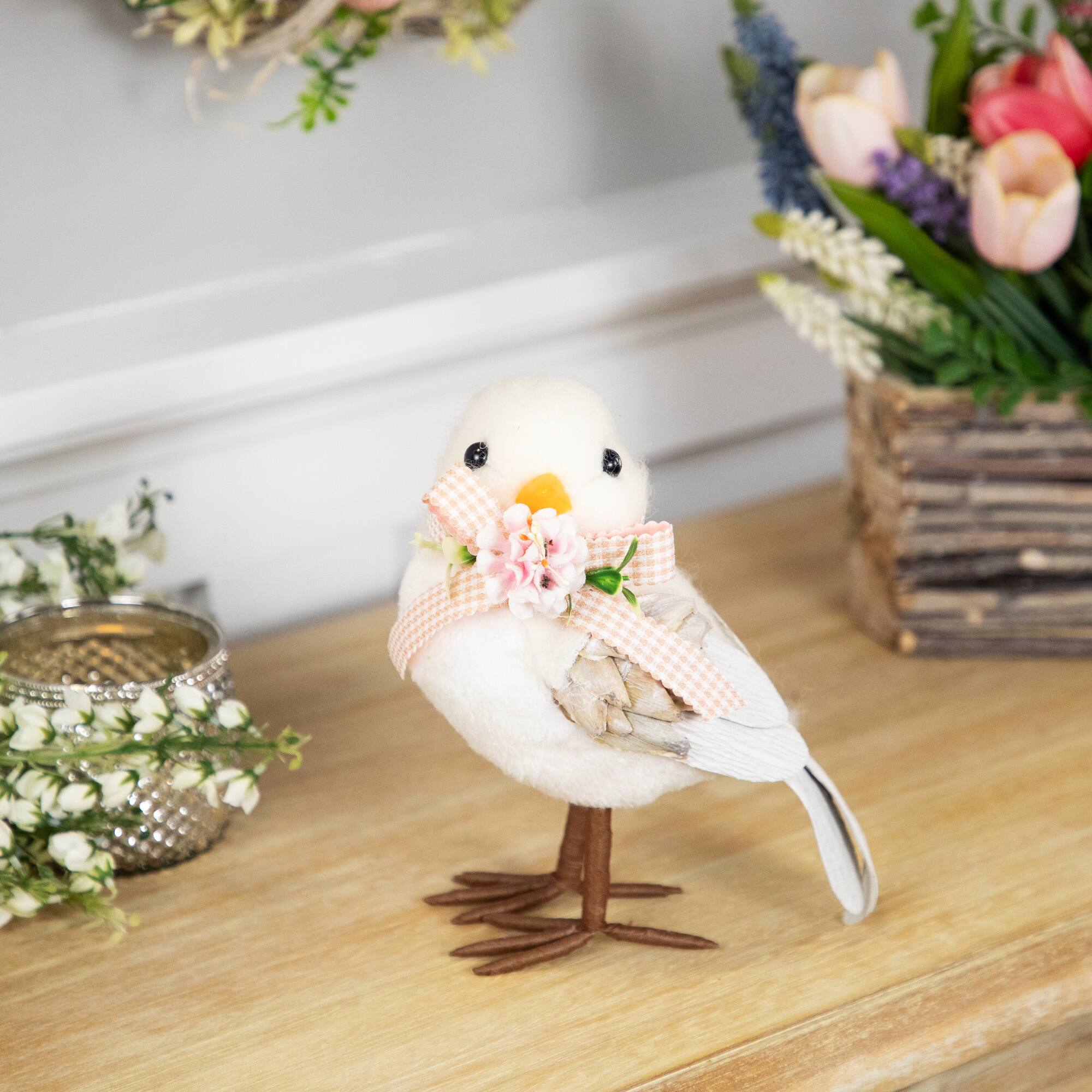 7" White Plush Bird Accent with Gingham Bow