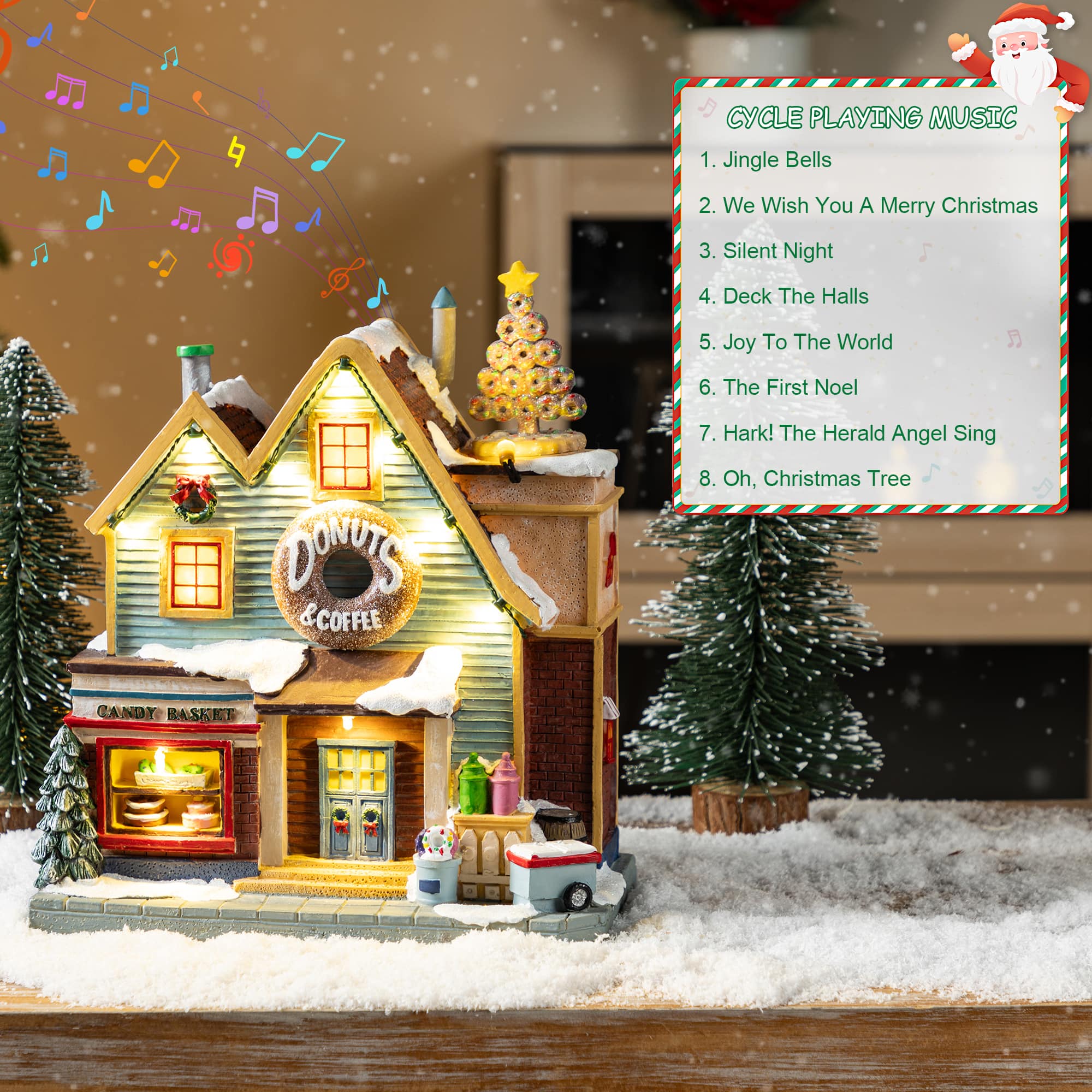 Glitzhome&#xAE; 10.25&#x22; Lighted Christmas Donuts &#x26; Coffee Shop Resin Village with Movement and Music