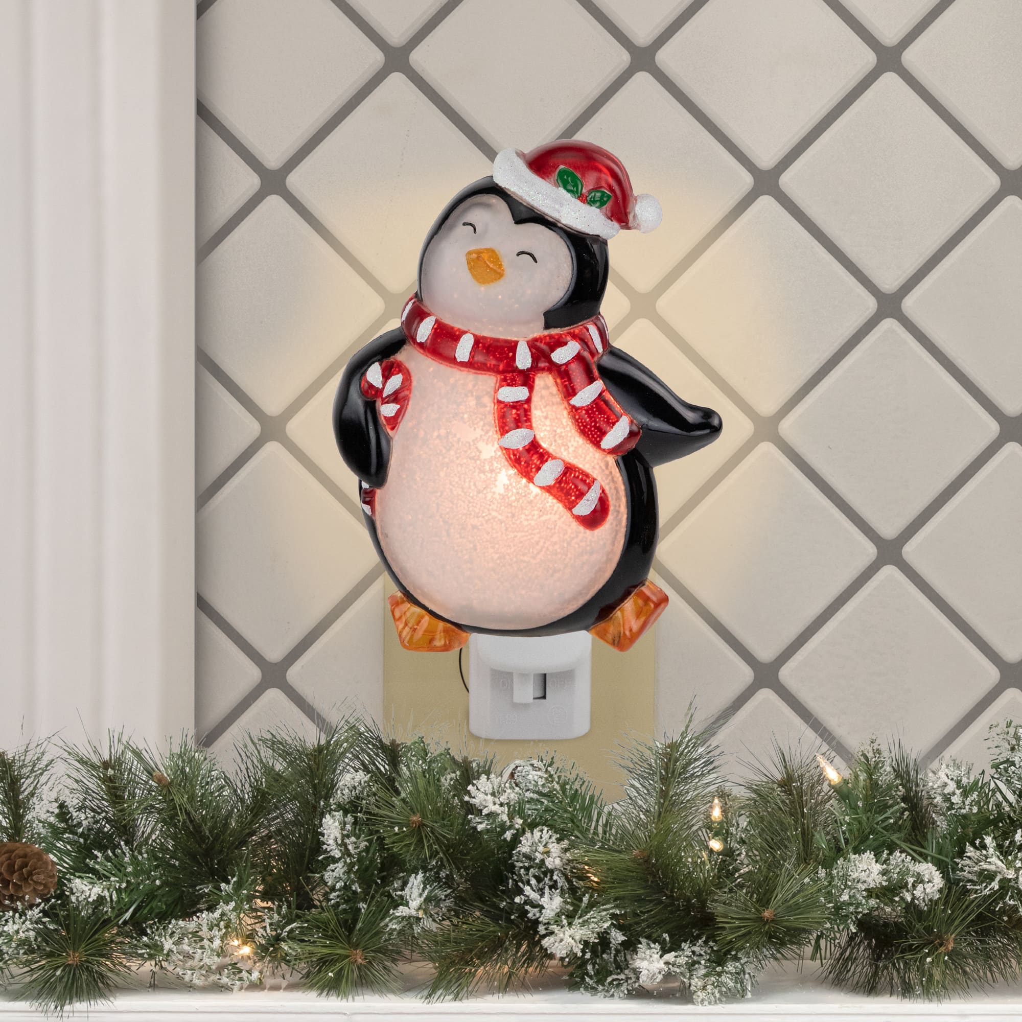 6" Black and Red Happy Penguin in Santa Hat Christmas Night Light