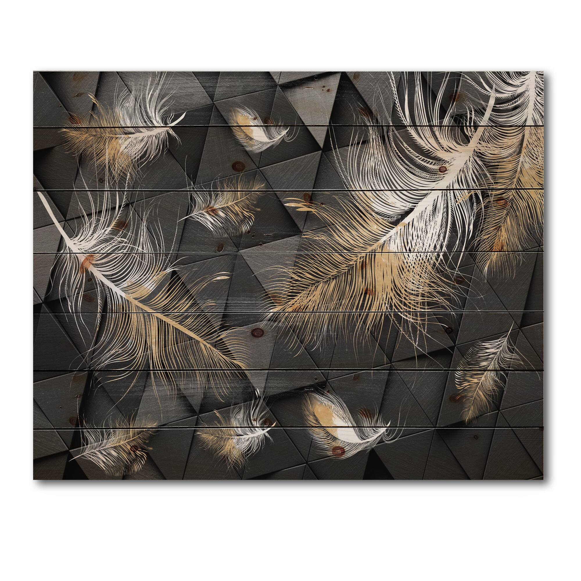 Designart - White and Gold Feathers On Triangular - Modern Print on Natural Pine Wood