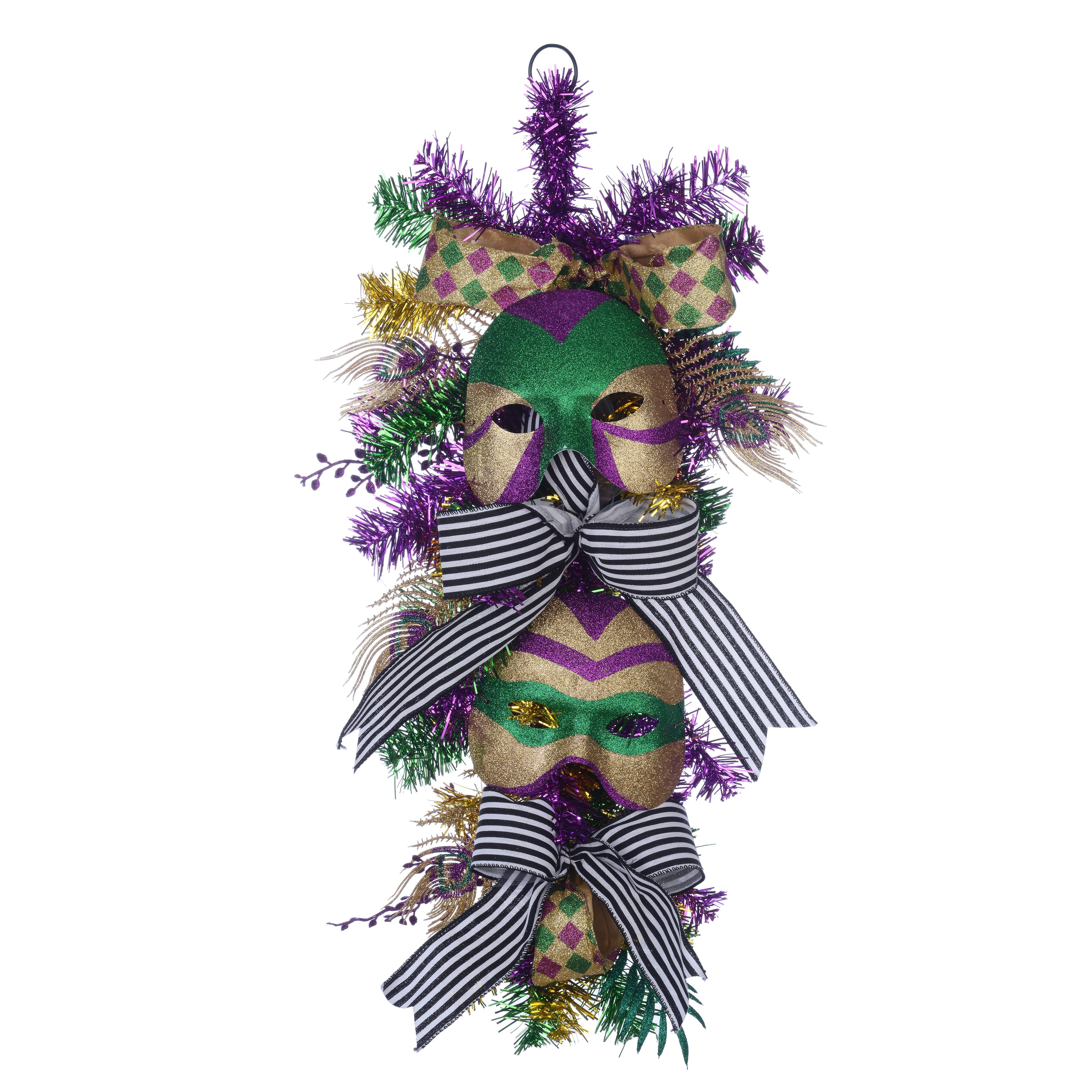 New Orleans Mardi Gras Mask Beads Feathers Green Fabric 2270 