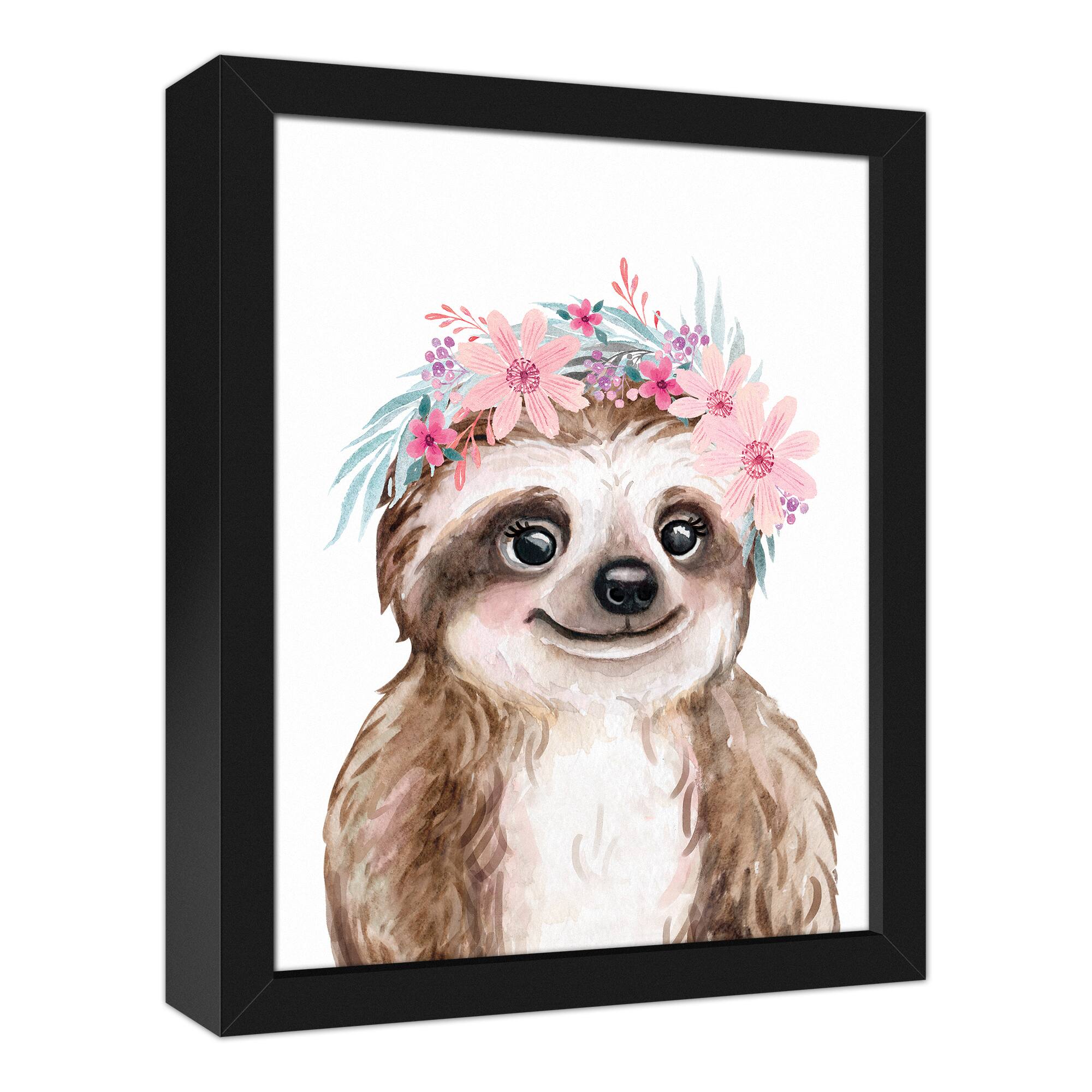 Sloth With Flowers 12.73&#x22; x 15.73&#x22; Black Framed Canvas