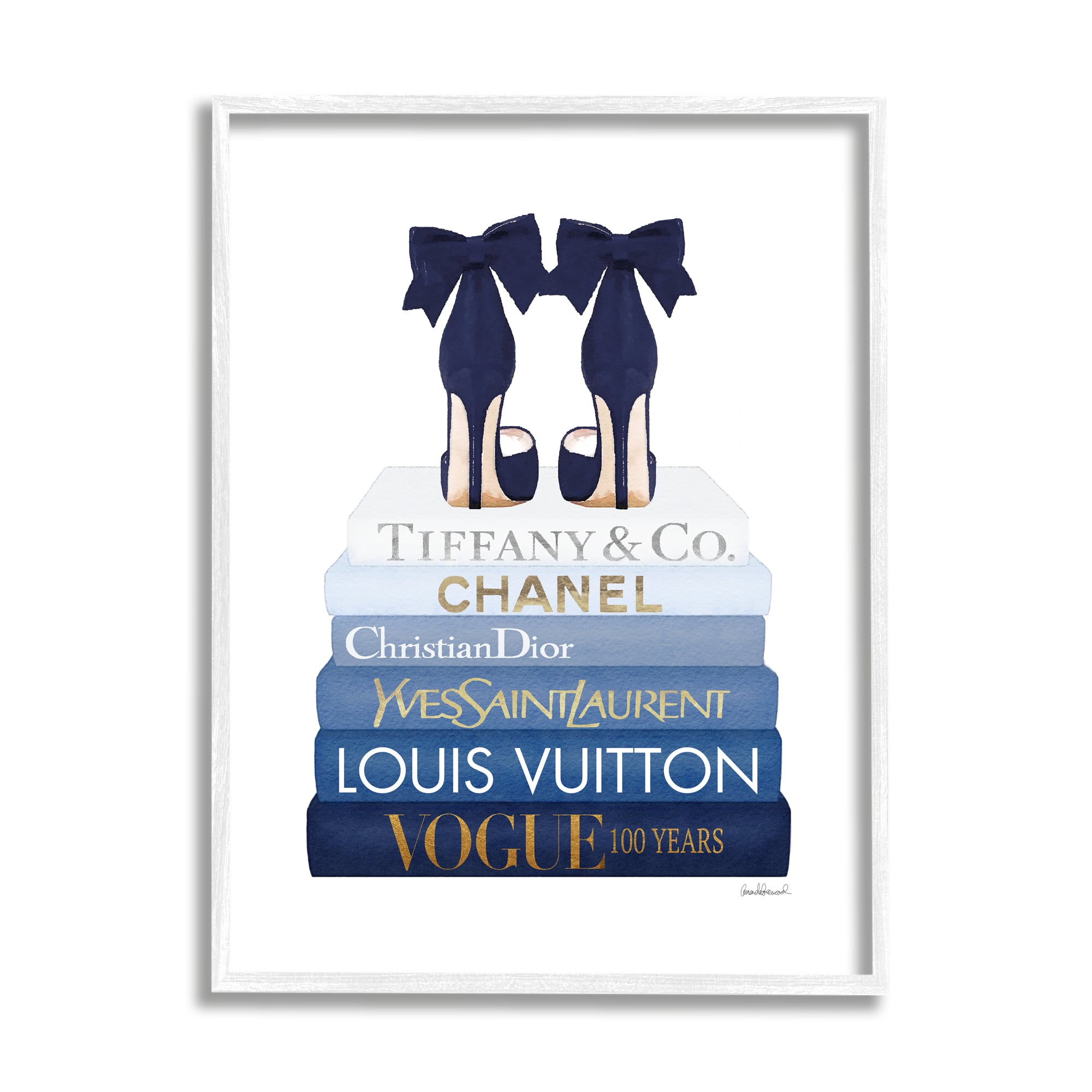 Stupell Industries Navy Blue Bow Heels Chic Glam Bookstack Framed Wall Art