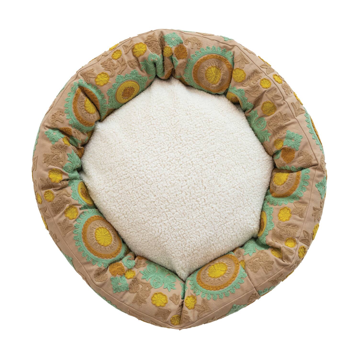Hello Honey&#xAE; 24&#x22; Taupe, Green &#x26; Mint Round Floral Cotton &#x26; Sherpa Pet Bed