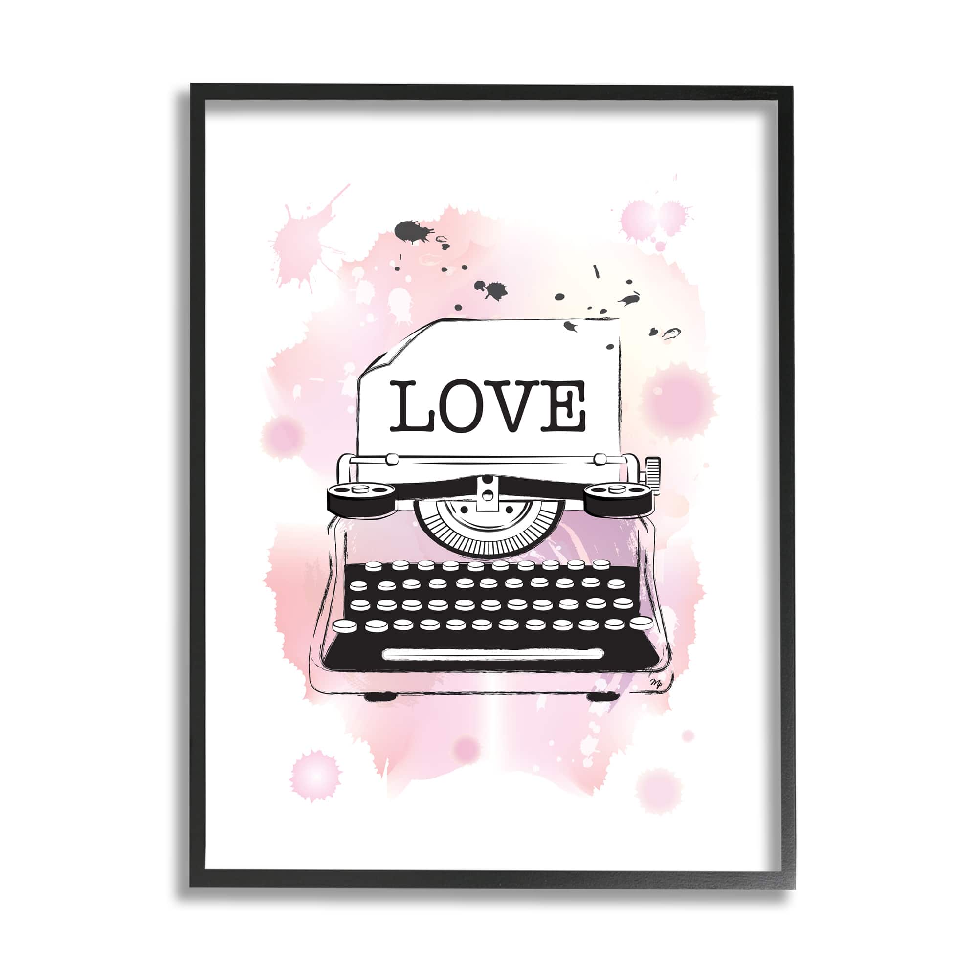 Stupell Industries Retro Pink Typewriter Love Text Paint Splash in Black Frame Wall Art