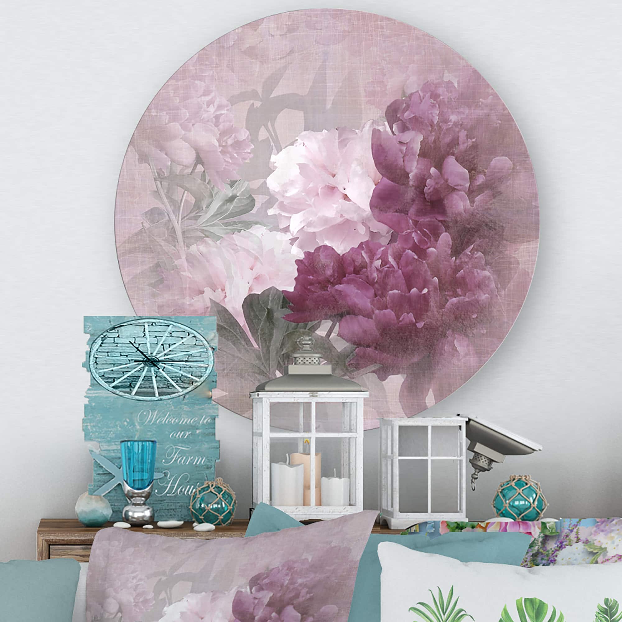 Designart - Vintage Purple and Pink Flowers II - Traditional Metal Circle Wall Art