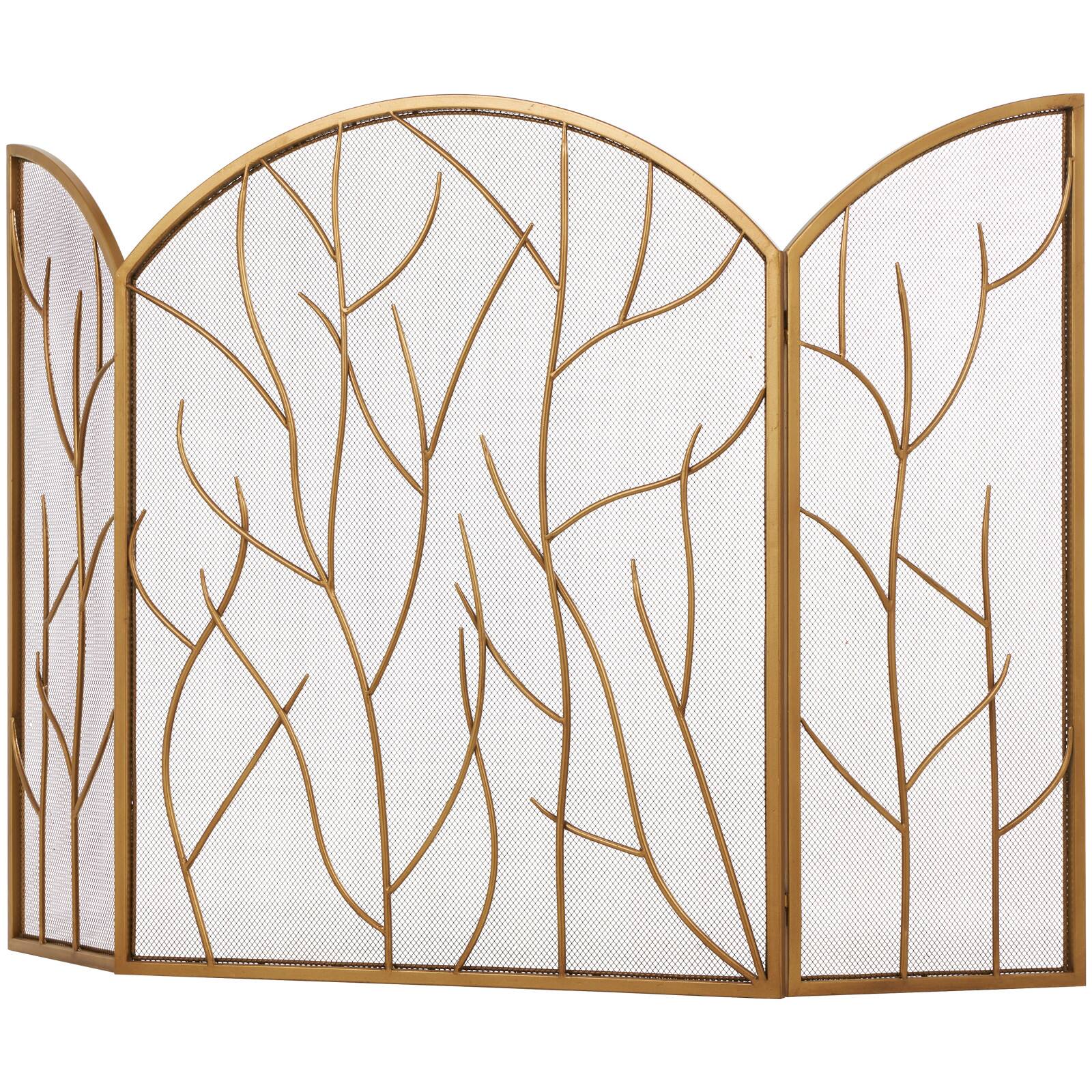 Gold Metal Tree Arched 3-Panel Fireplace Screen