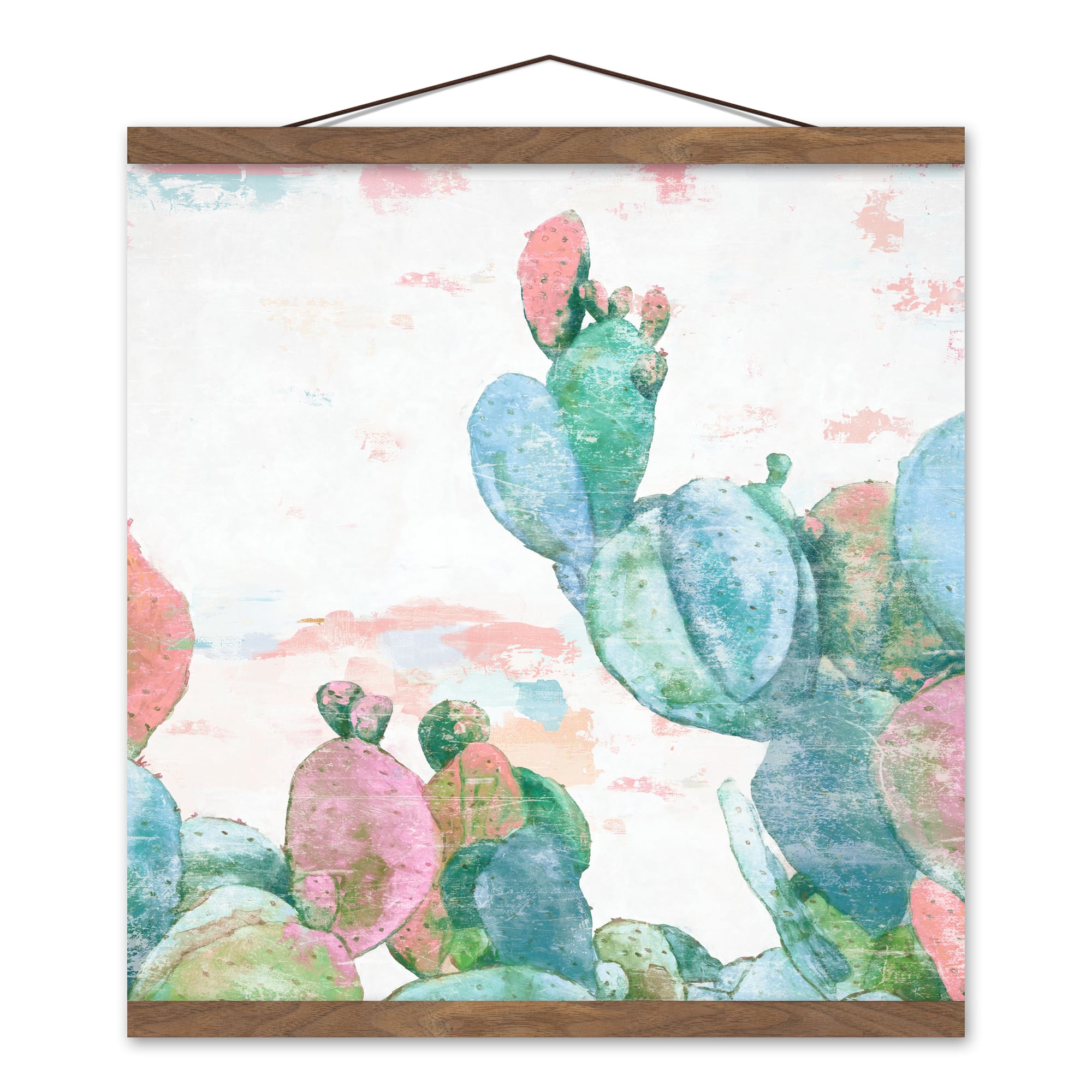 Funky Cactus Print 16" x 16" Teak Hanging Canvas