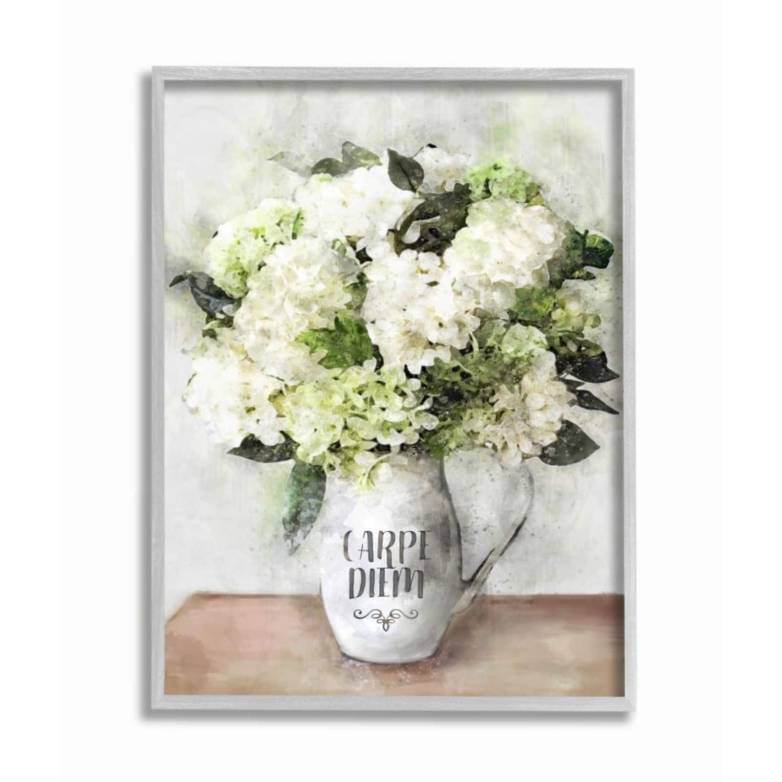Stupell Industries Carpe Diem with White Hydrangea Bouquet Gray Framed Wall Art