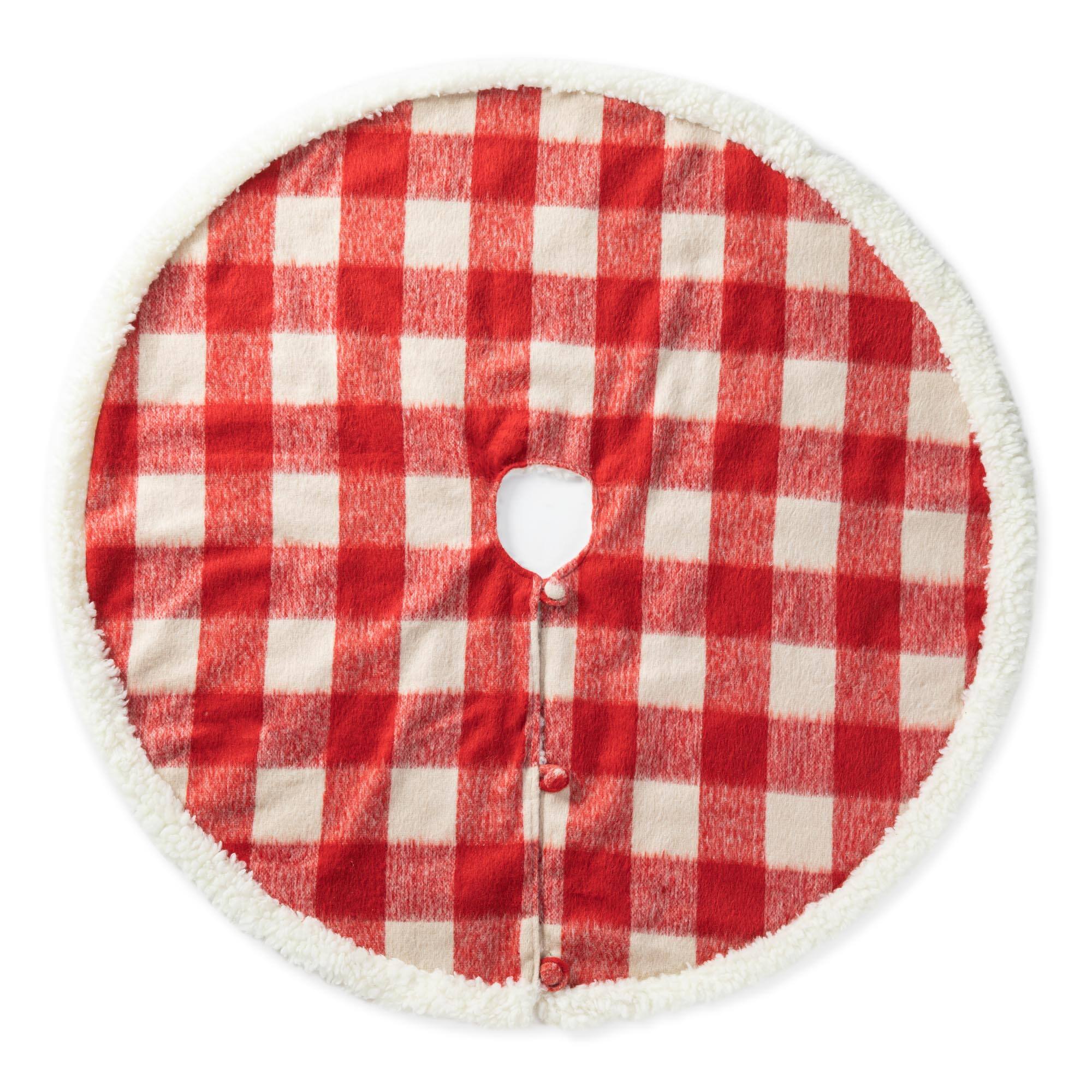 Glitzhome&#xAE; 4ft. Red &#x26; White Plaid Reversible Sherpa &#x26; Flannel Christmas Tree Skirt