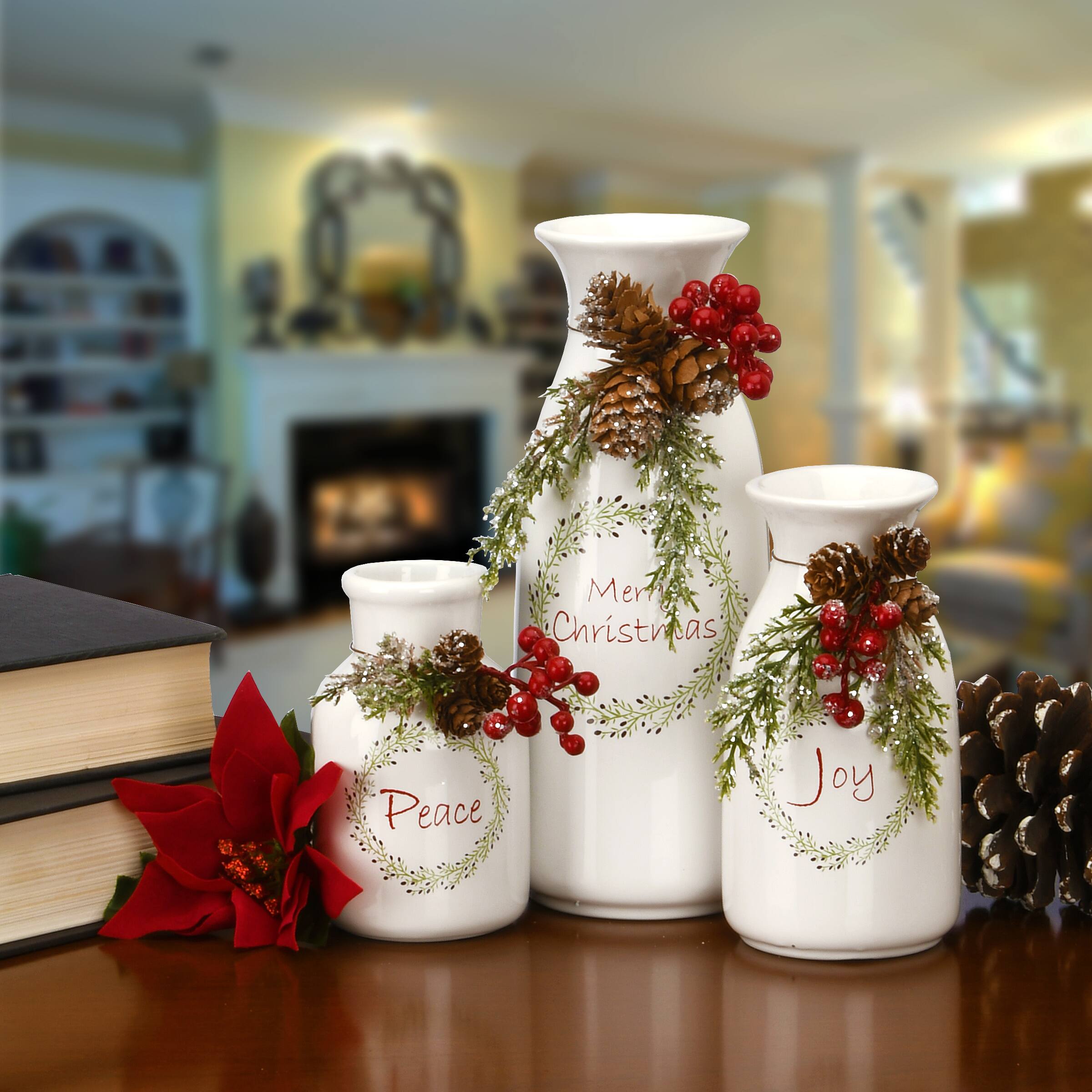 Antique Holiday Ceramic Milk Bottles Set, 3 Pack