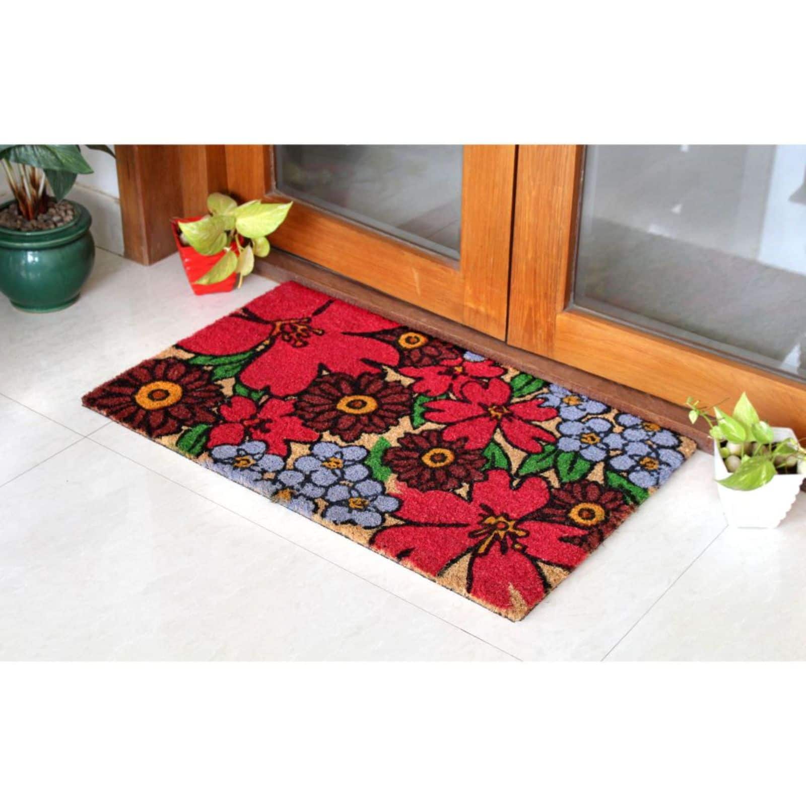 RugSmith Red Hibiscus Machine Tufted Coir Doormat