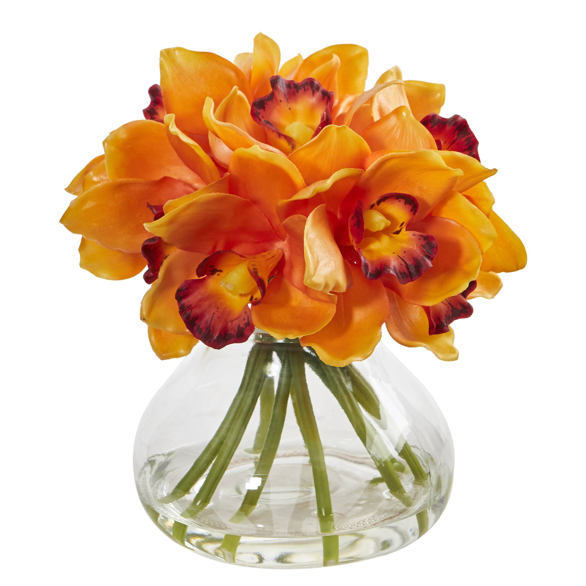 8" Orange Cymbidium Orchid Arrangement in Glass Vase