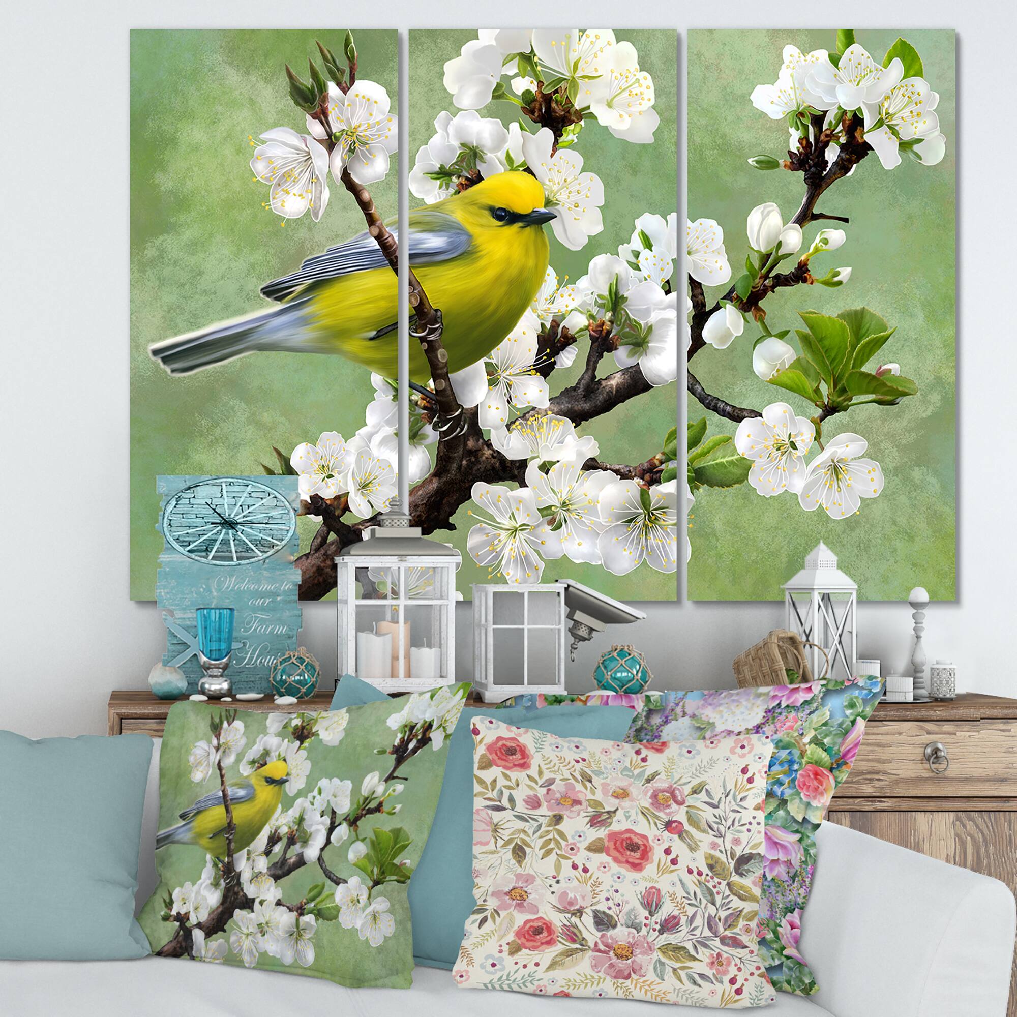 Designart - Bird On A Branch of Cherry - Traditional Canvas Wall Art Print