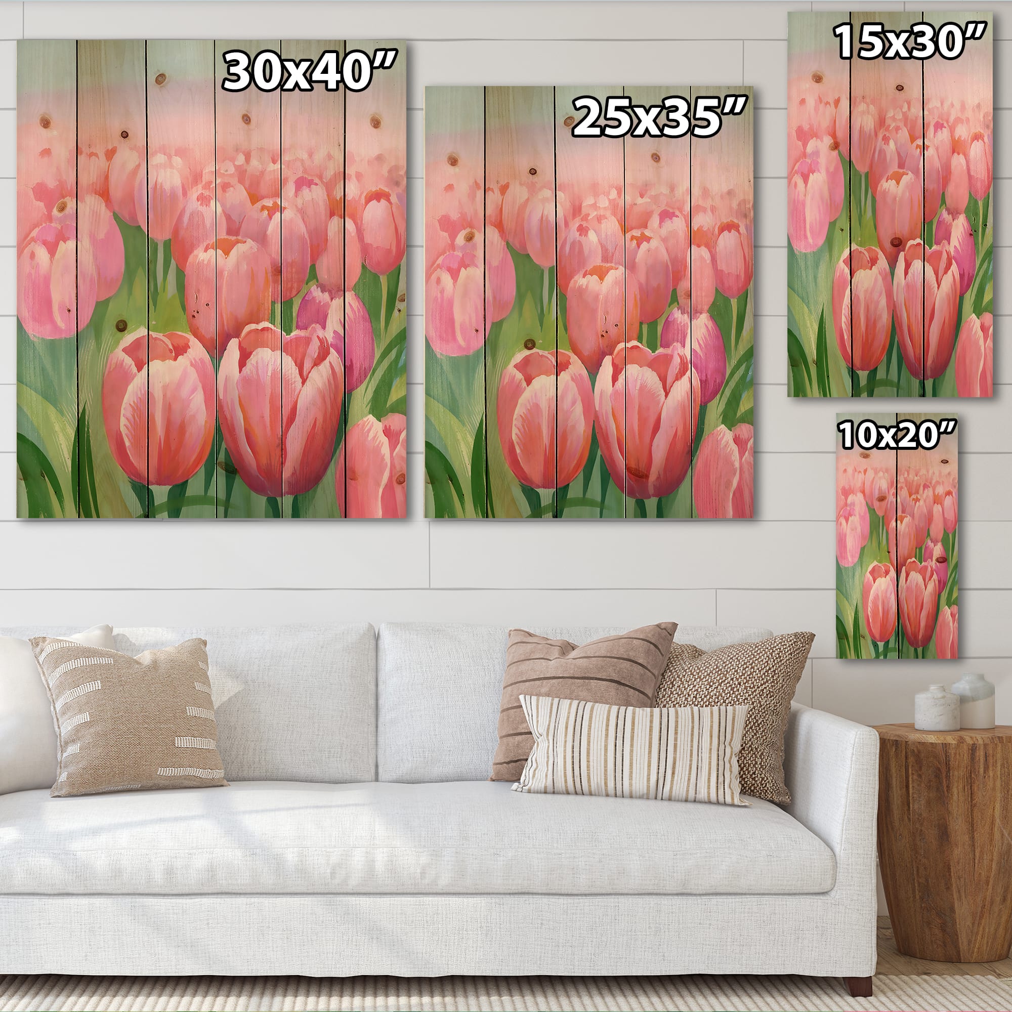 Designart - Field of Pink Tulips - Traditional Print on Natural Pine Wood