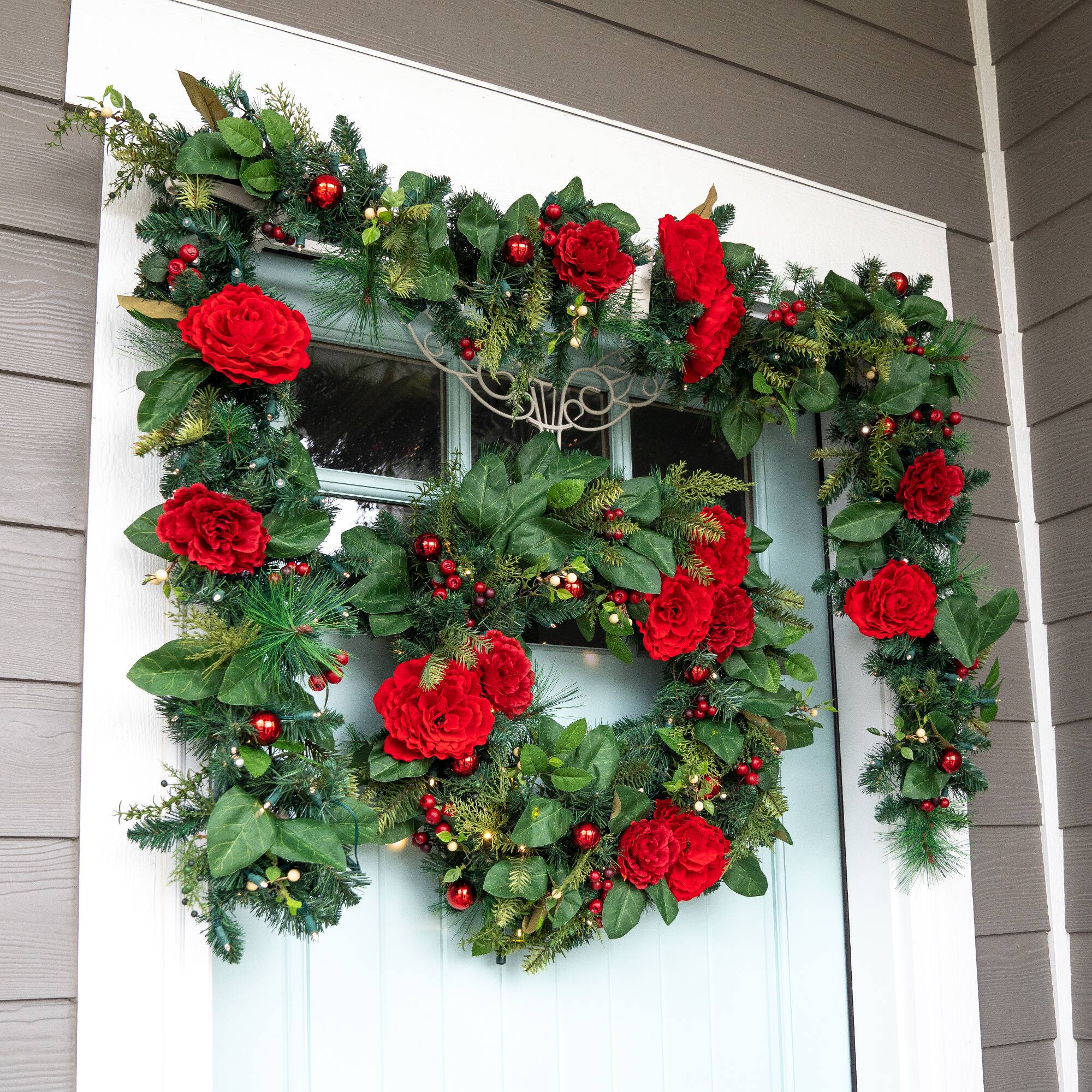 Village Lighting 30" LED Red Peonies & Berry Wreath