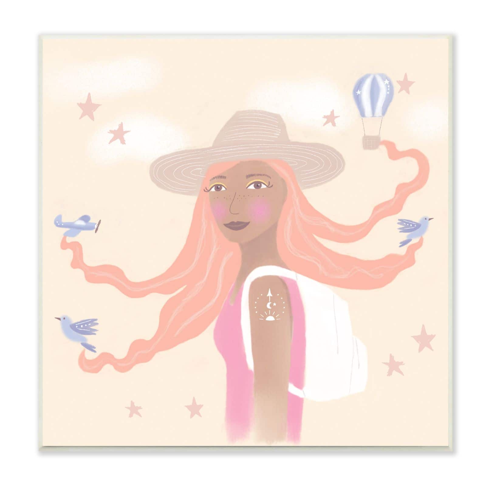 Stupell Industries Girl Flowing Hair Birds Plane Hot Air Balloon,12" x 12"