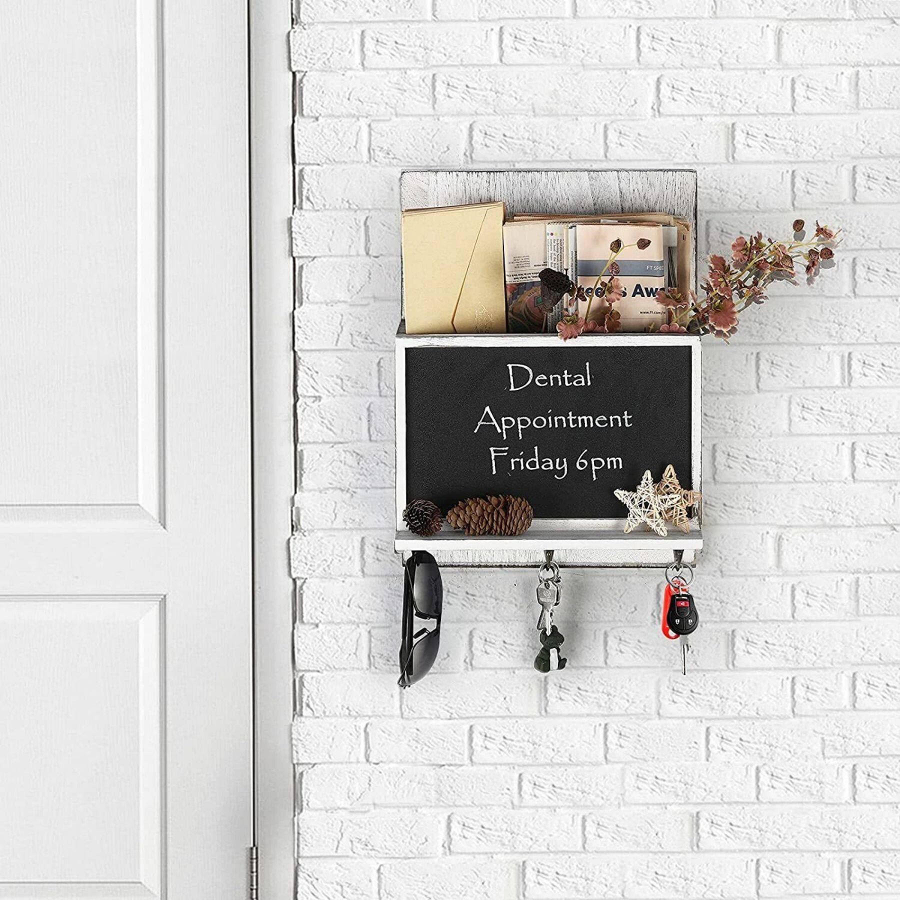 NEX™ 16" Gray White Wall-Mounted Key & Mail Holder with Chalkboard