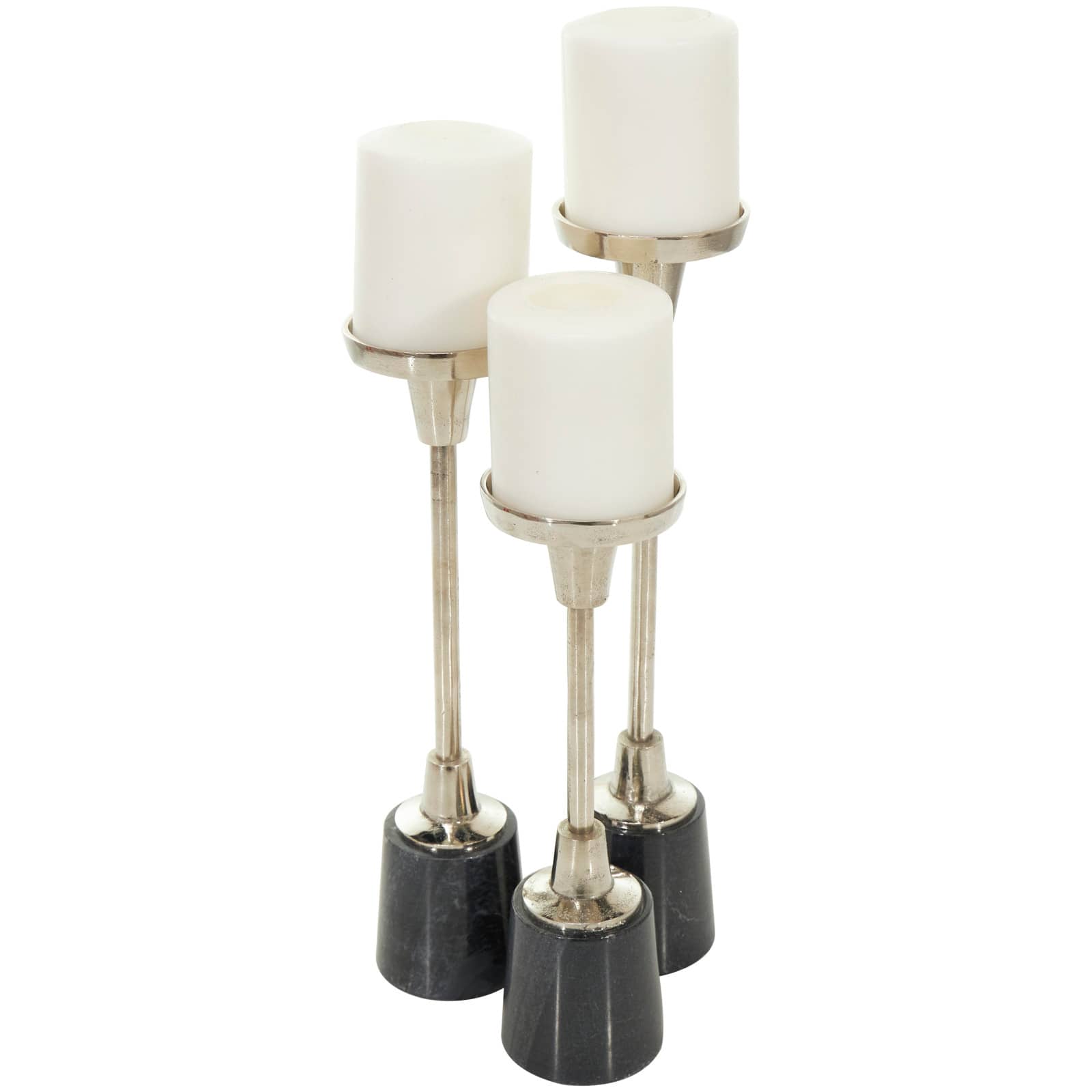 Silver Metal Slim Candle Holder with Black Marble Base Set