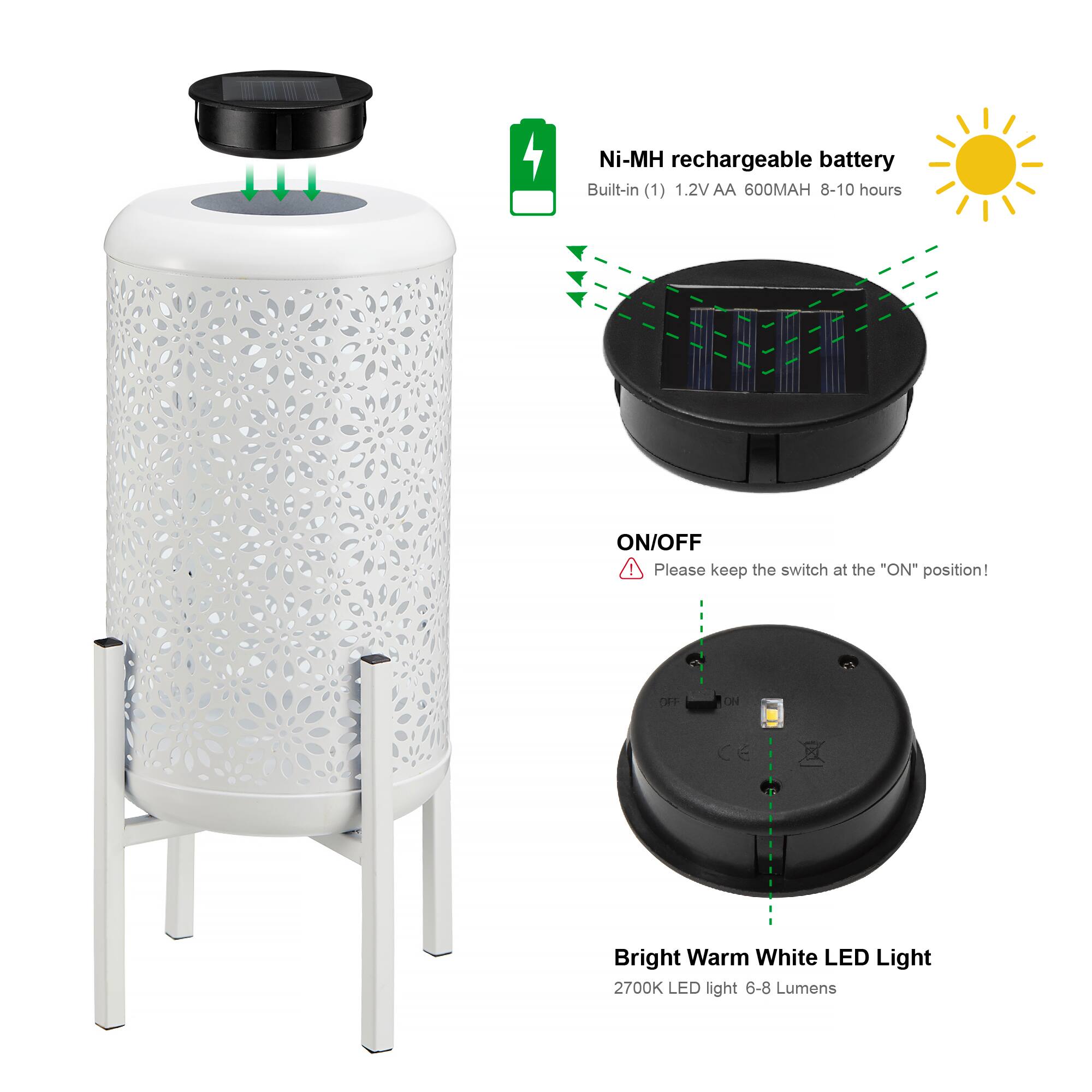 Glitzhome® 14.25" White Metal Cutout Flower Pattern Solar Powered LED Outdoor Lantern