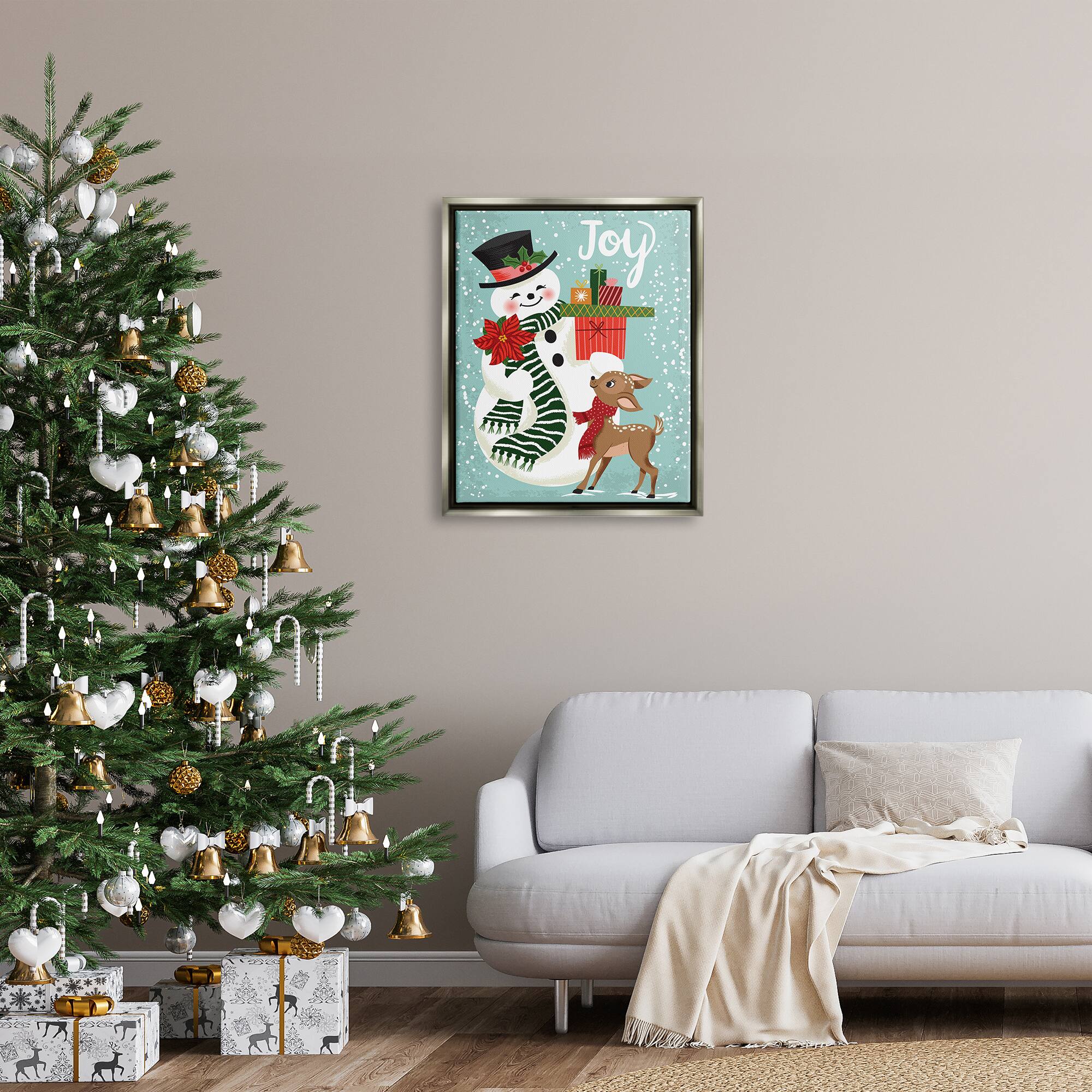 Stupell Industries Joy Smiling Snowman Holiday Deer Framed Floater Canvas Wall Art