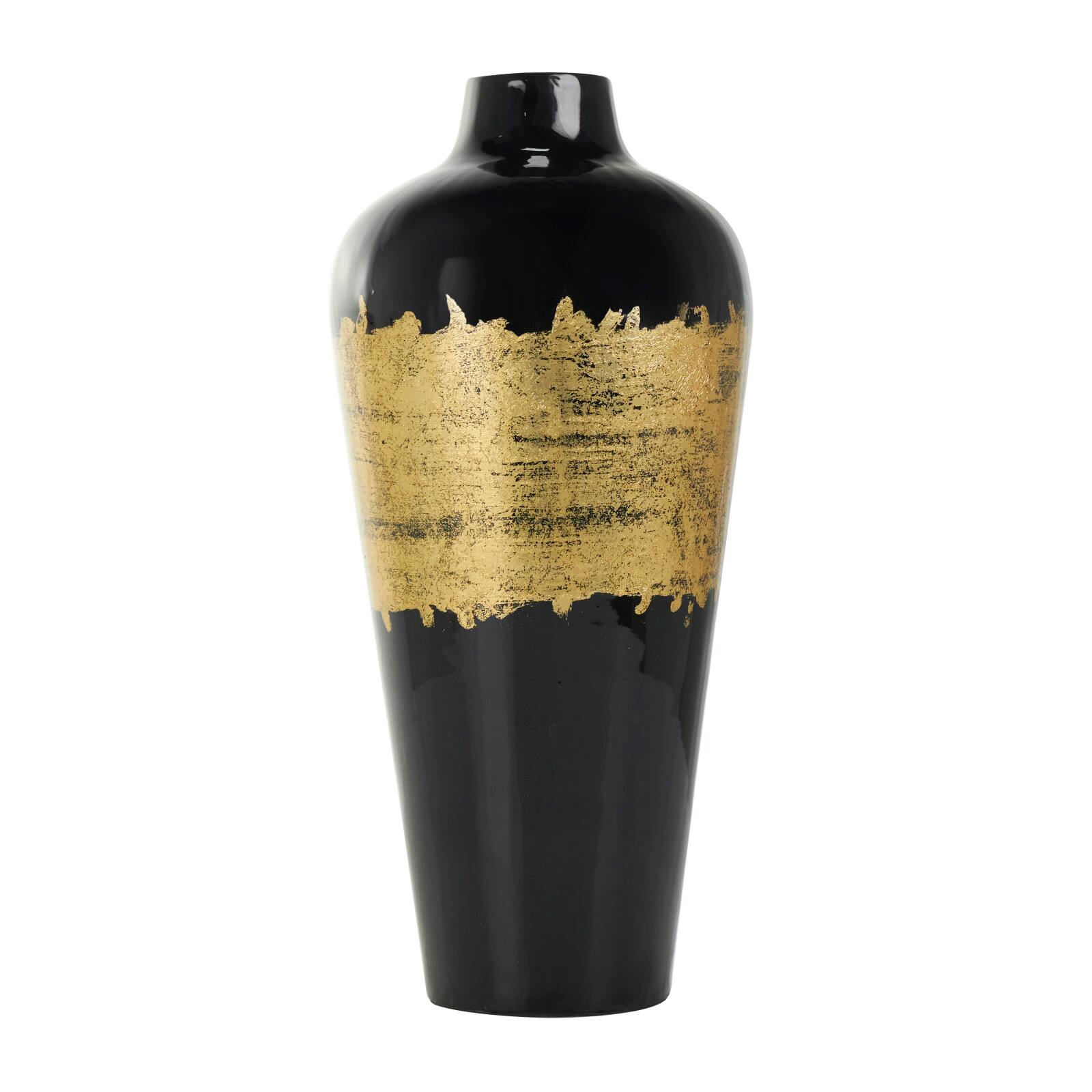 16" Black Metal Abstract Vase with Gold Detailing