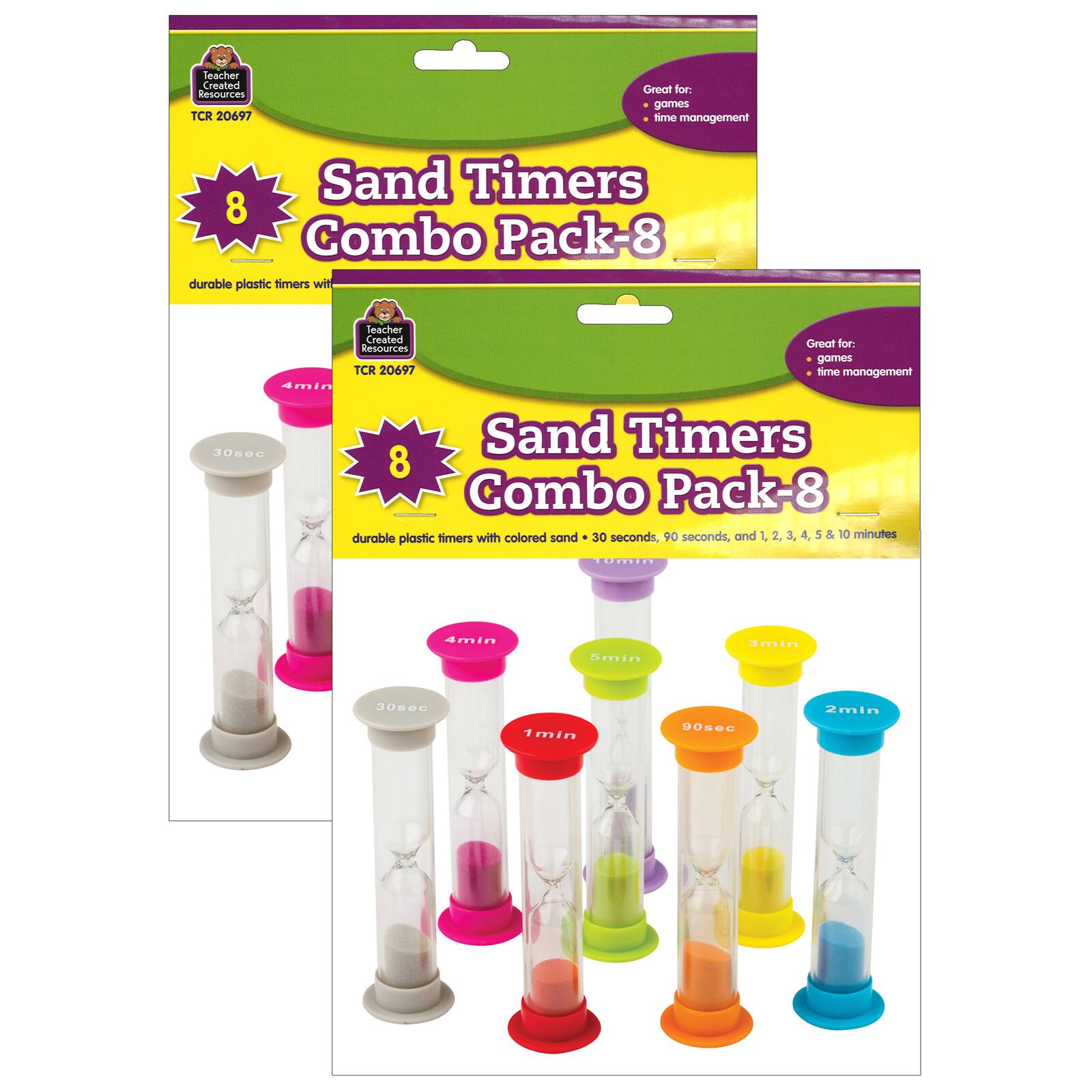 Teacher Created Resources® Multicolor Small Sand Timers Combo, Assorted Color & Times, 8 Per Pack, 2 Packs
