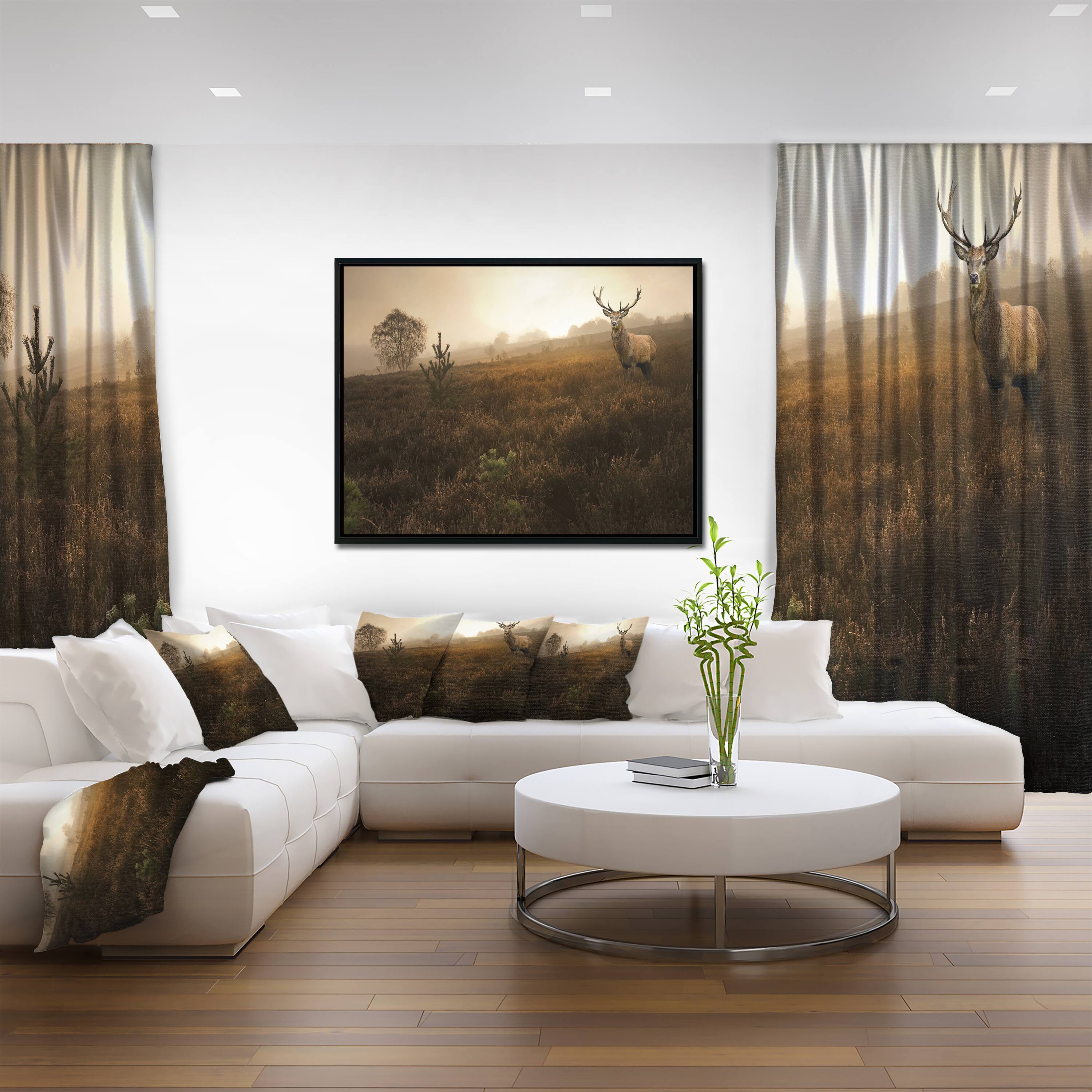 Designart - Mist Forest with Red Deer Stag - Landscape Photo Canvas Art Print in Black Frame