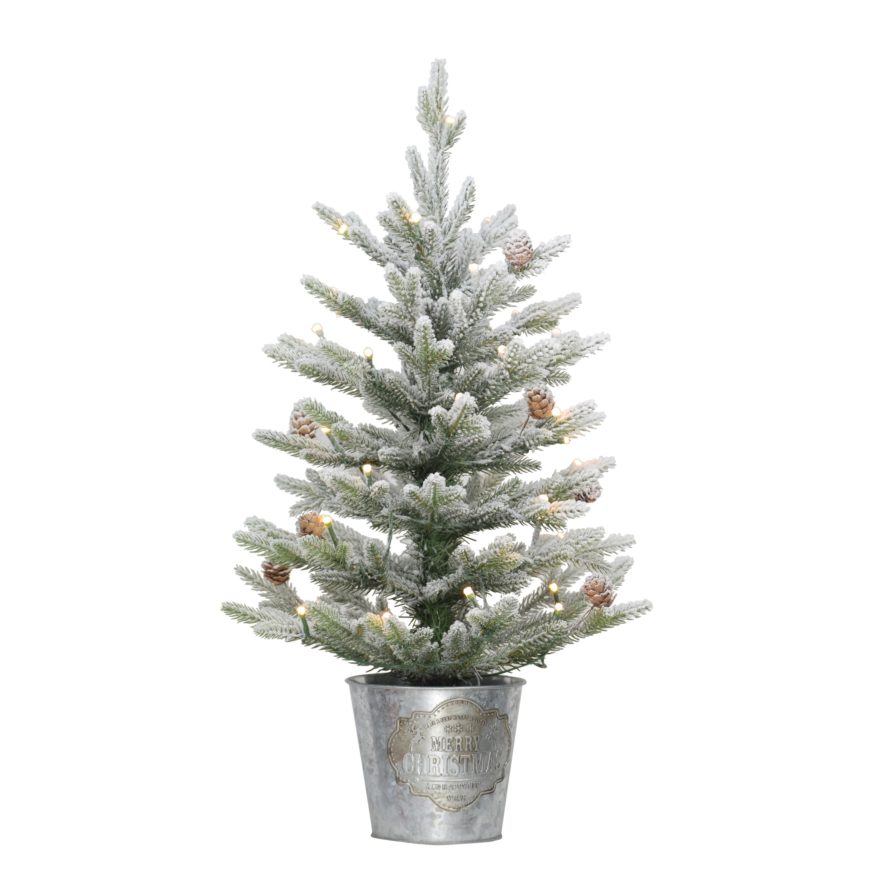 2 ft. Pre-Lit Flocked Table Top Artificial Christmas Tree In Metal Pot ...