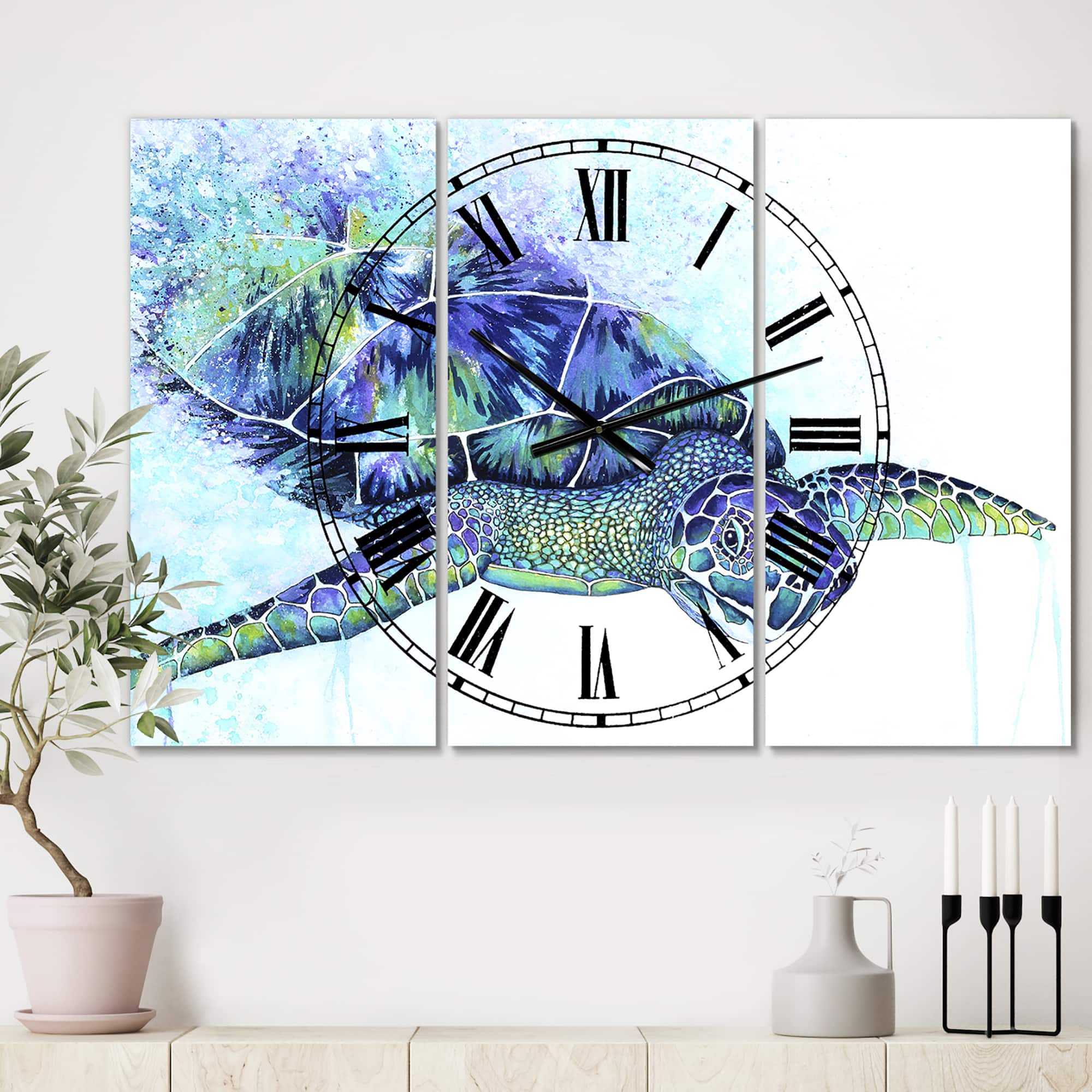 Designart Sea Turtle Oversized Cottage 3 panel Wall Clock
