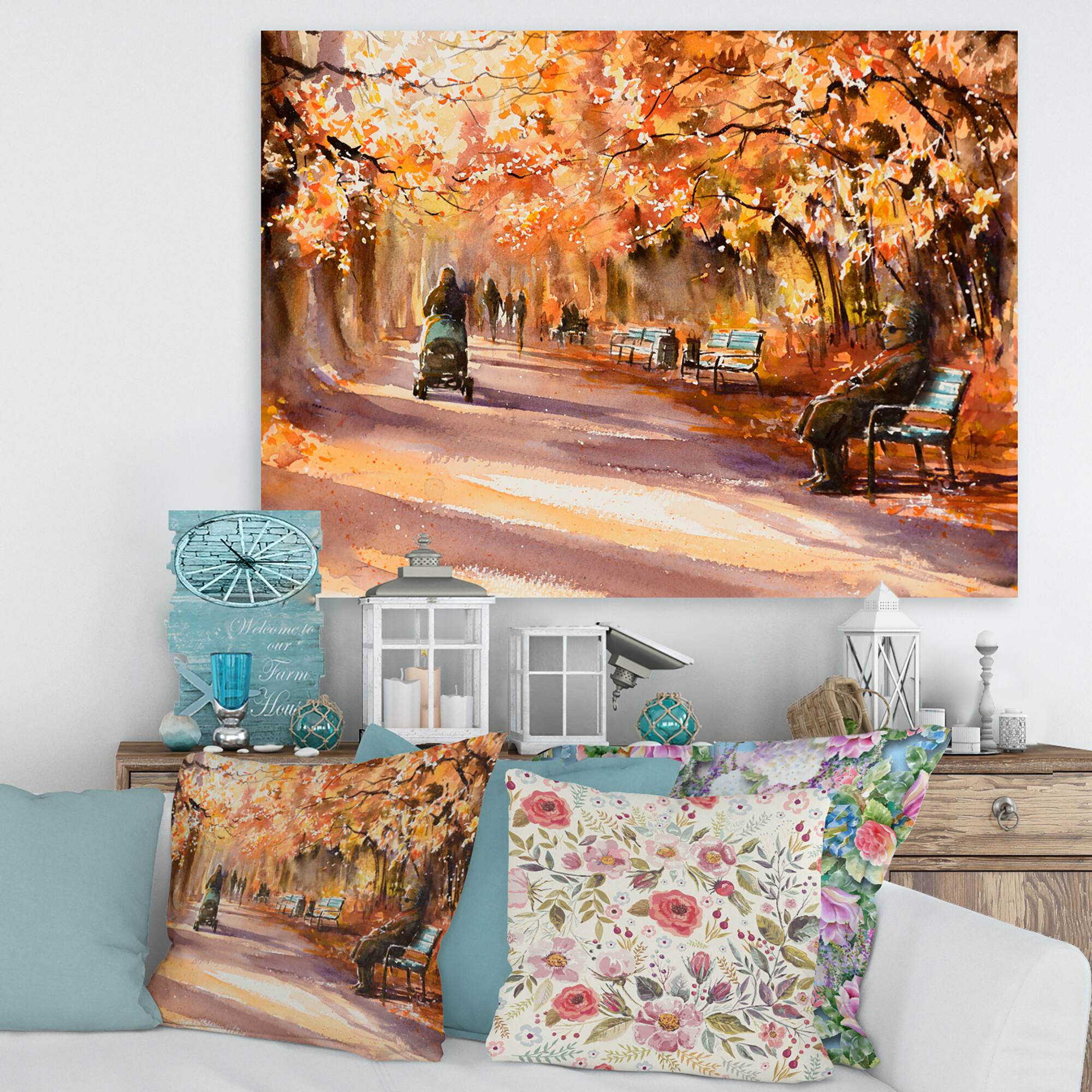 Designart - Road In The Park In Sunny Autumn Day - Country Canvas Wall Art Print