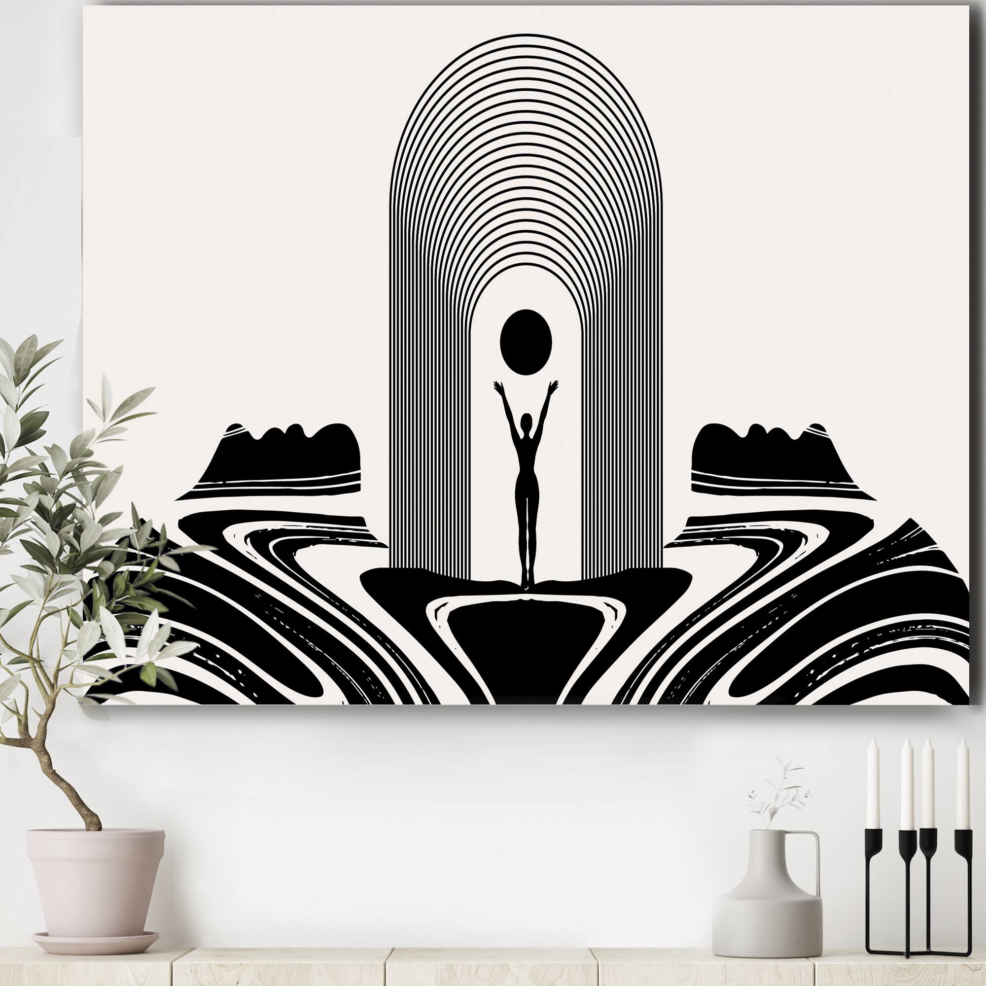 Designart - Empowered Cosmic Women Geometric Goddess Series Black And White III - Modern & Contemporary Canvas Wall Art Print