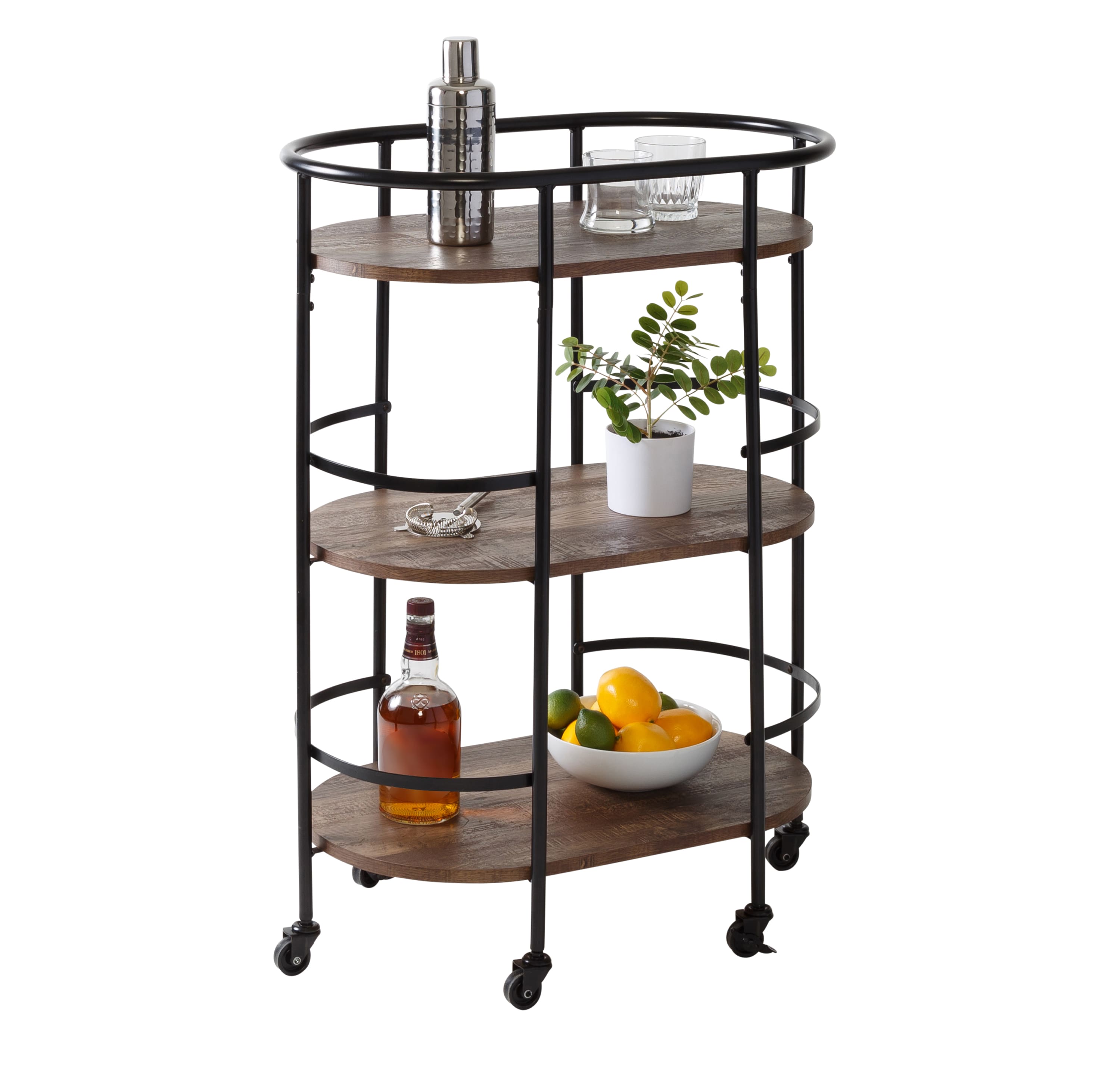 Honey Can Do 3-Tier Black &#x26; Rustic Brown Rolling Bar &#x26; Serving Cart
