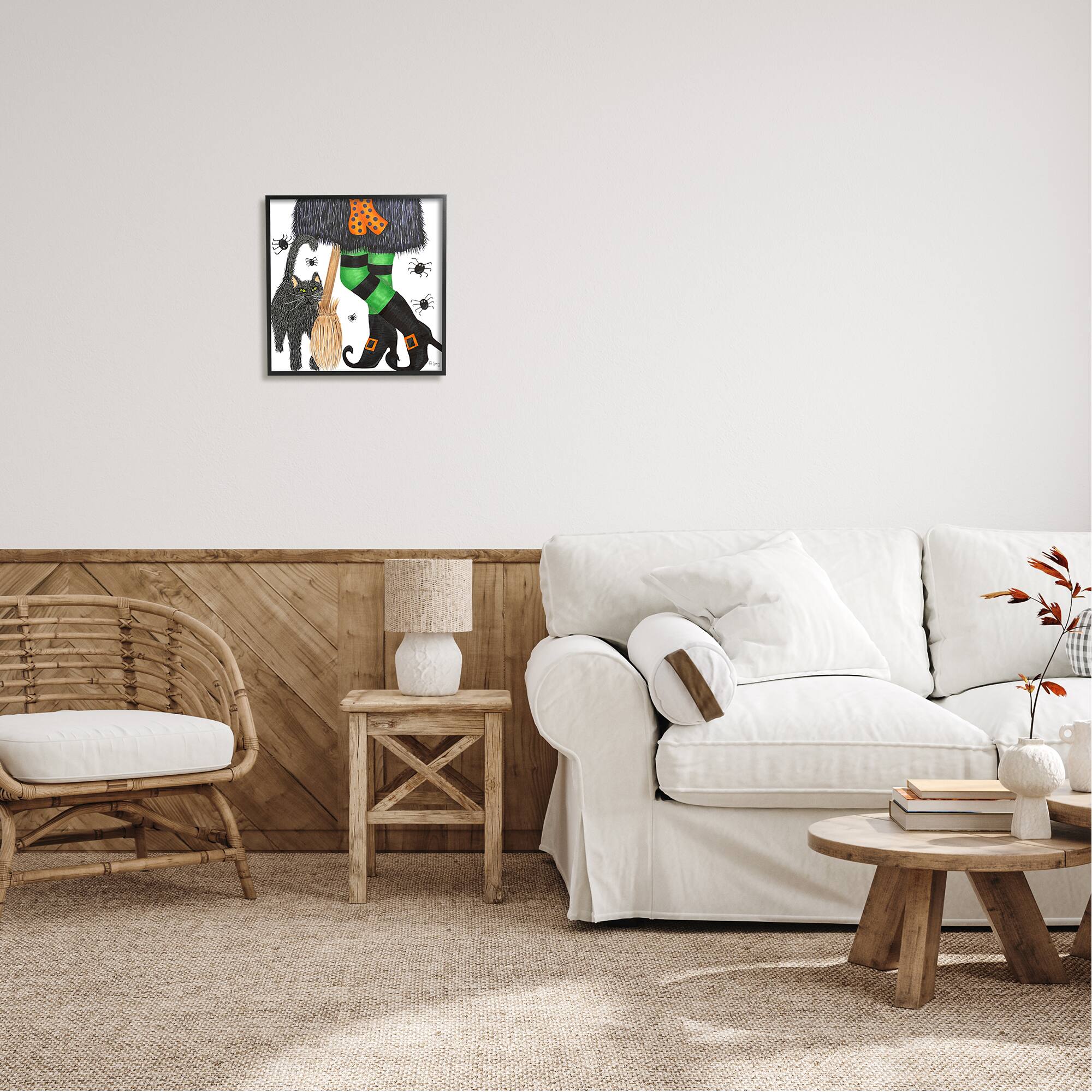 Stupell Industries Witch Broom Halloween Black Cat Framed Giclee Art