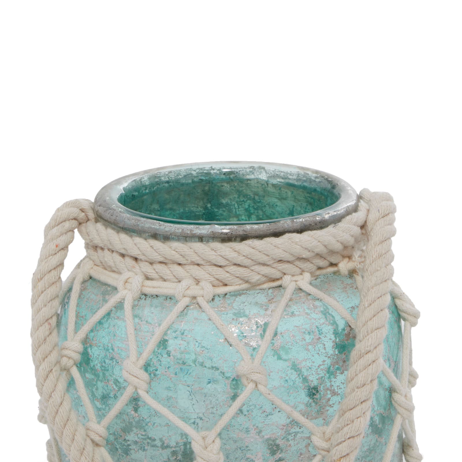 Aquamarine Glass Coastal Candle Holder Lantern, 15" x 7" x 7"