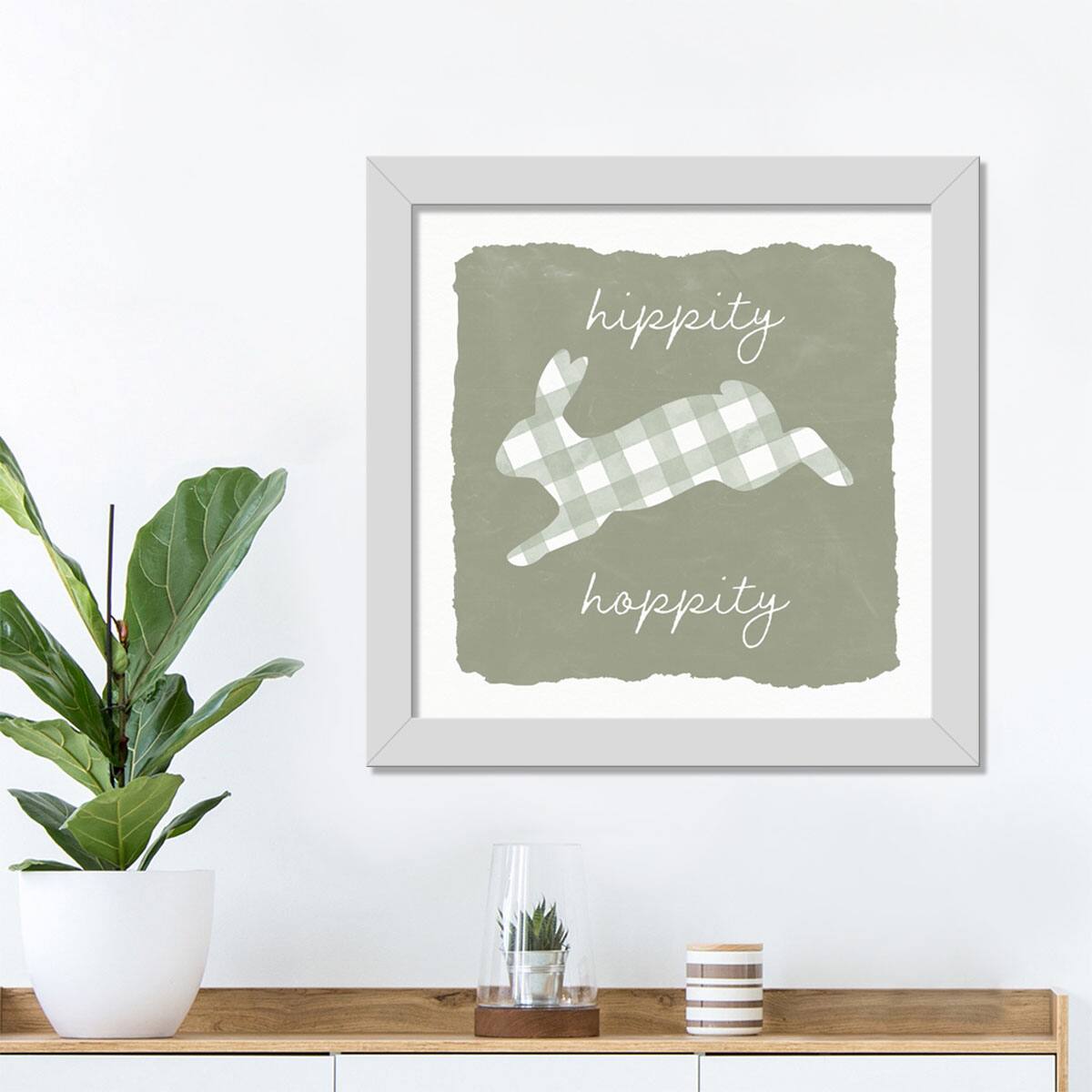 Hippity Hoppity Bunny Sage 16" x 16" White Framed Print Under Plexiglass