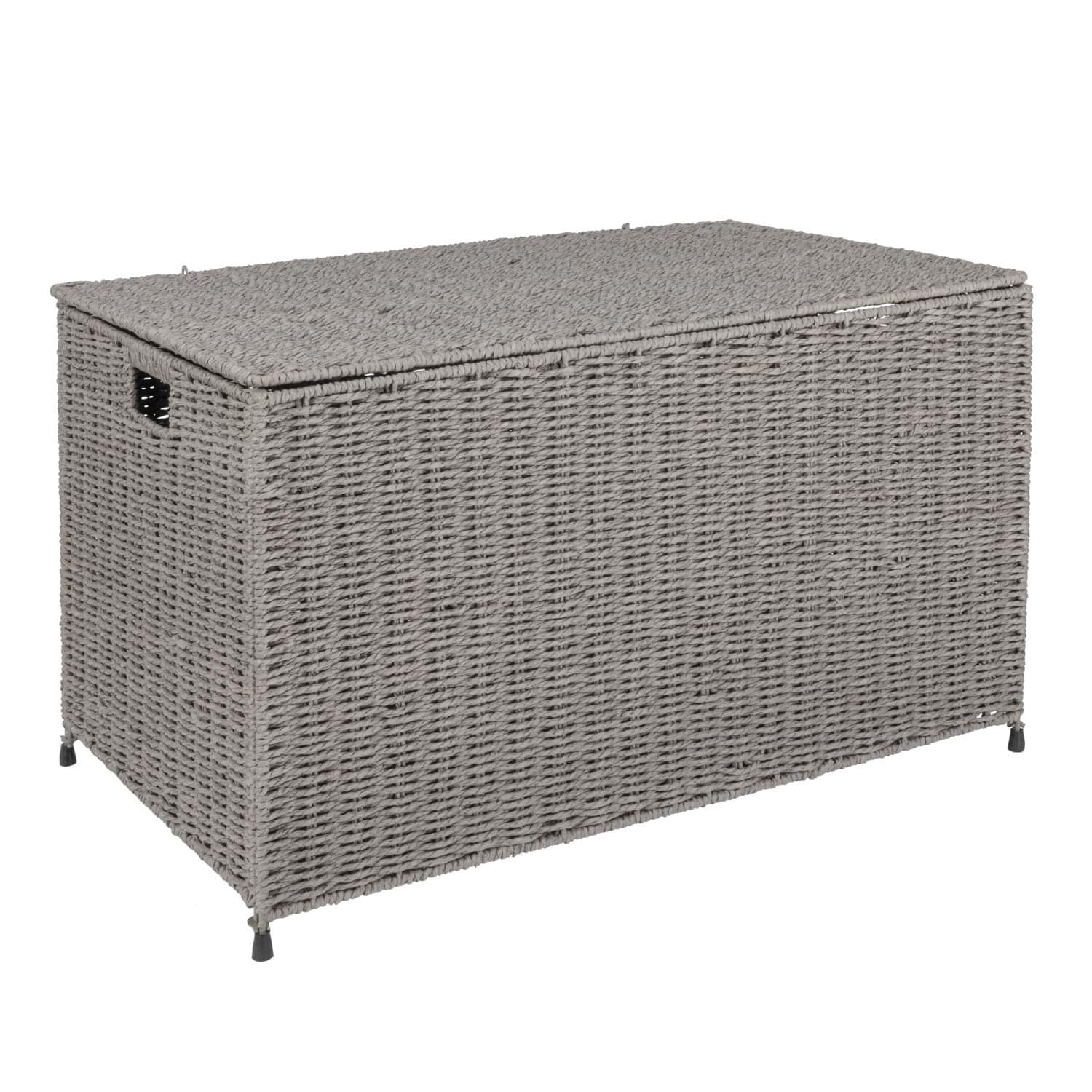 Gray Woven Paper Rope Storage Chest with Hinged Lid & Integrated Handles