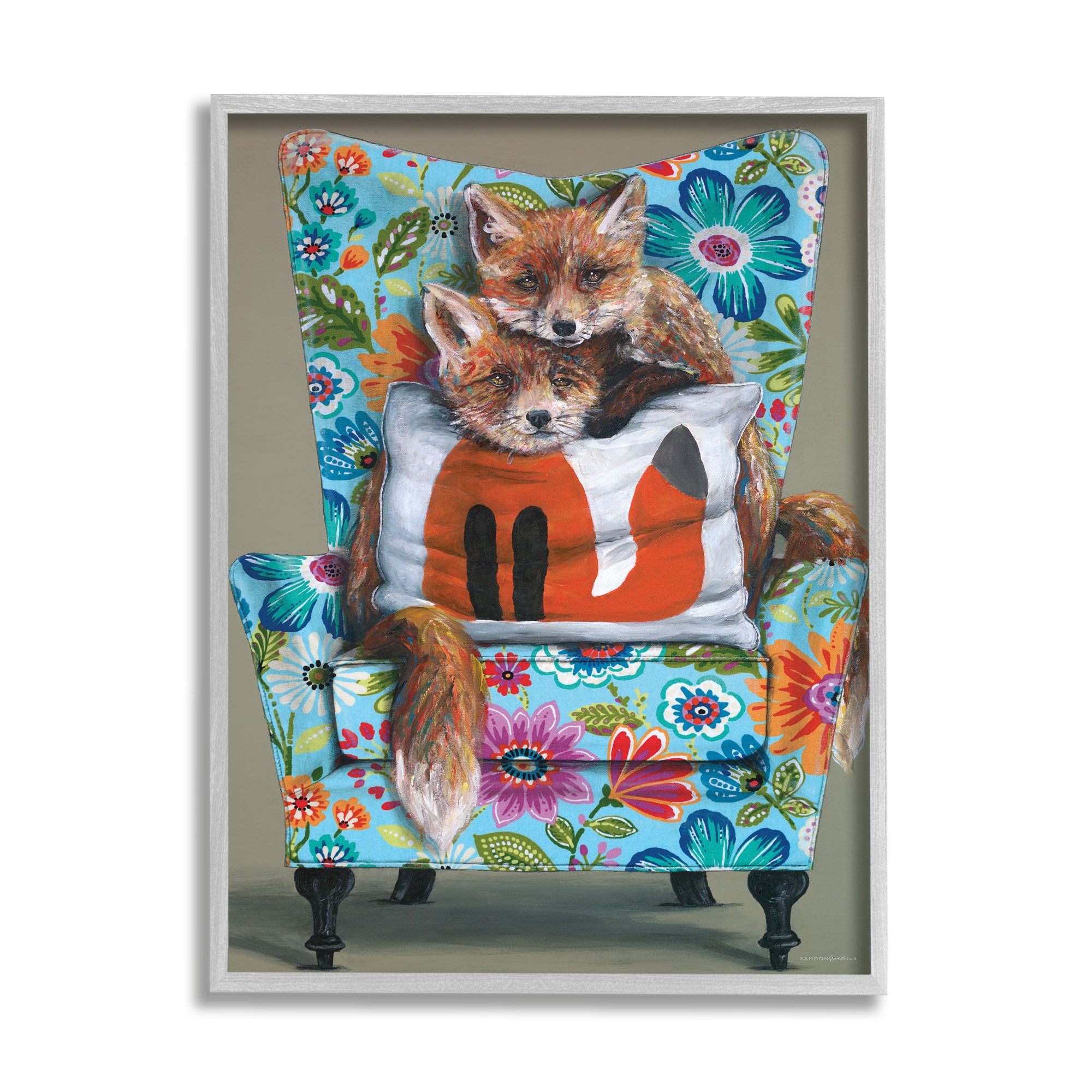 Stupell Industries Red Fox Pair Sitting Chair Spring Floral Pattern Framed Wall Art