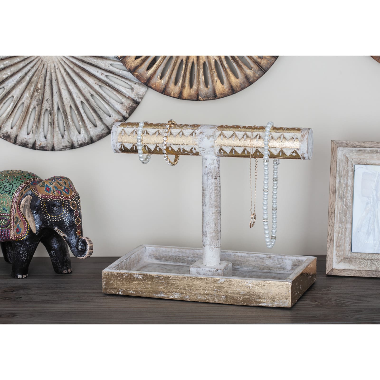 Natural Themed Gold and White Wood Jewelry Stand, 10" x 12" x 7"