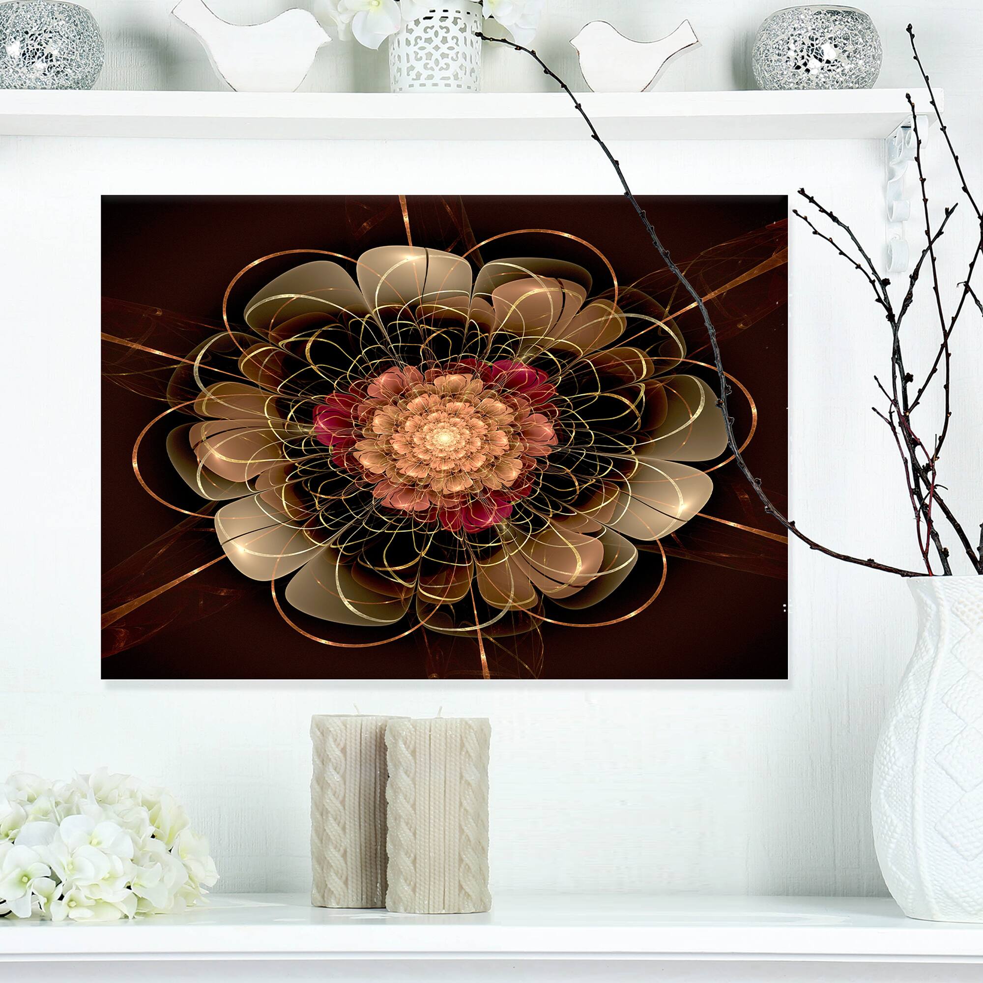 Designart - Dark Gold Red Fractal Flower Pattern - Extra Large Floral Wall Art