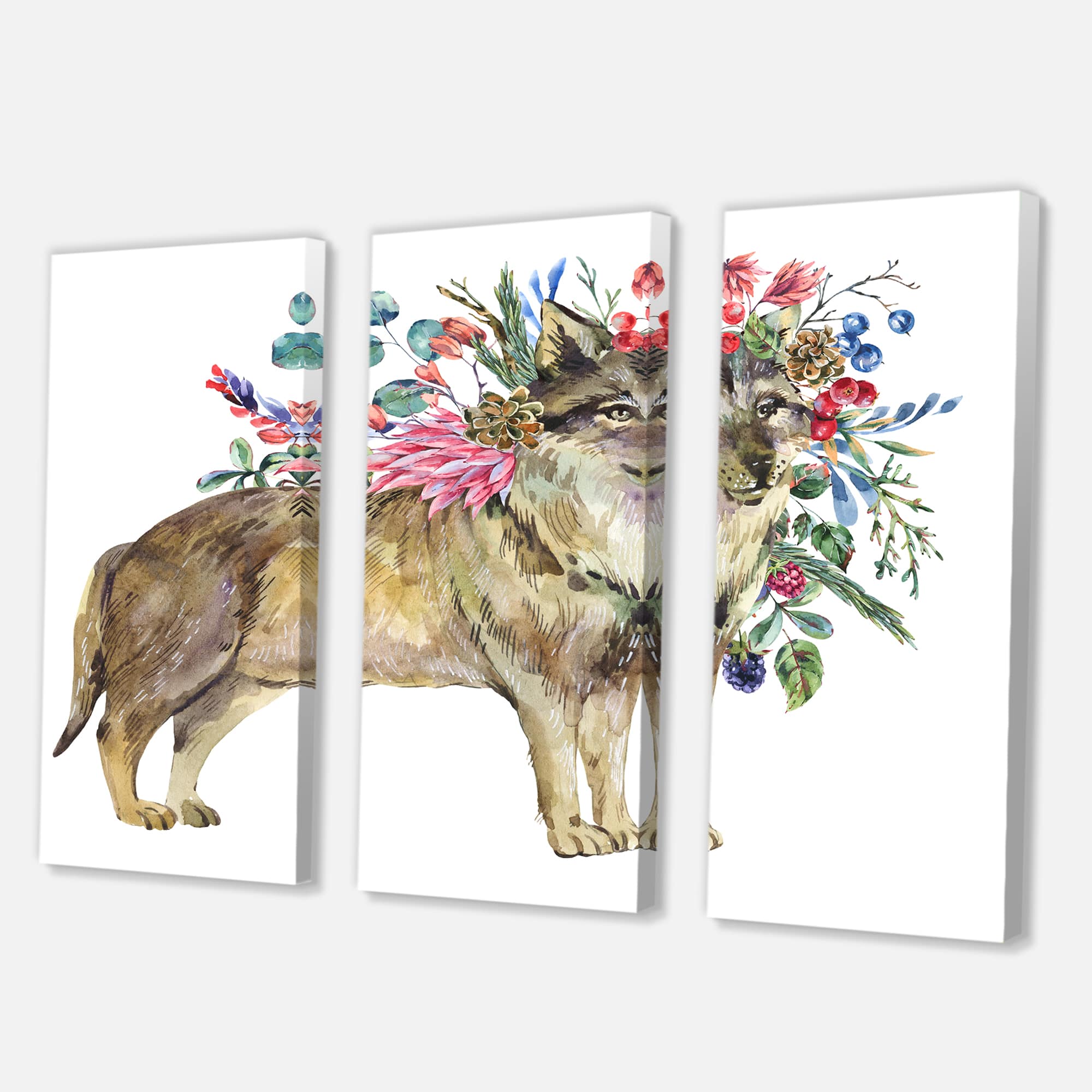 Designart - Wolf With Woodland Flowers - Farmhouse Canvas Wall Art Print