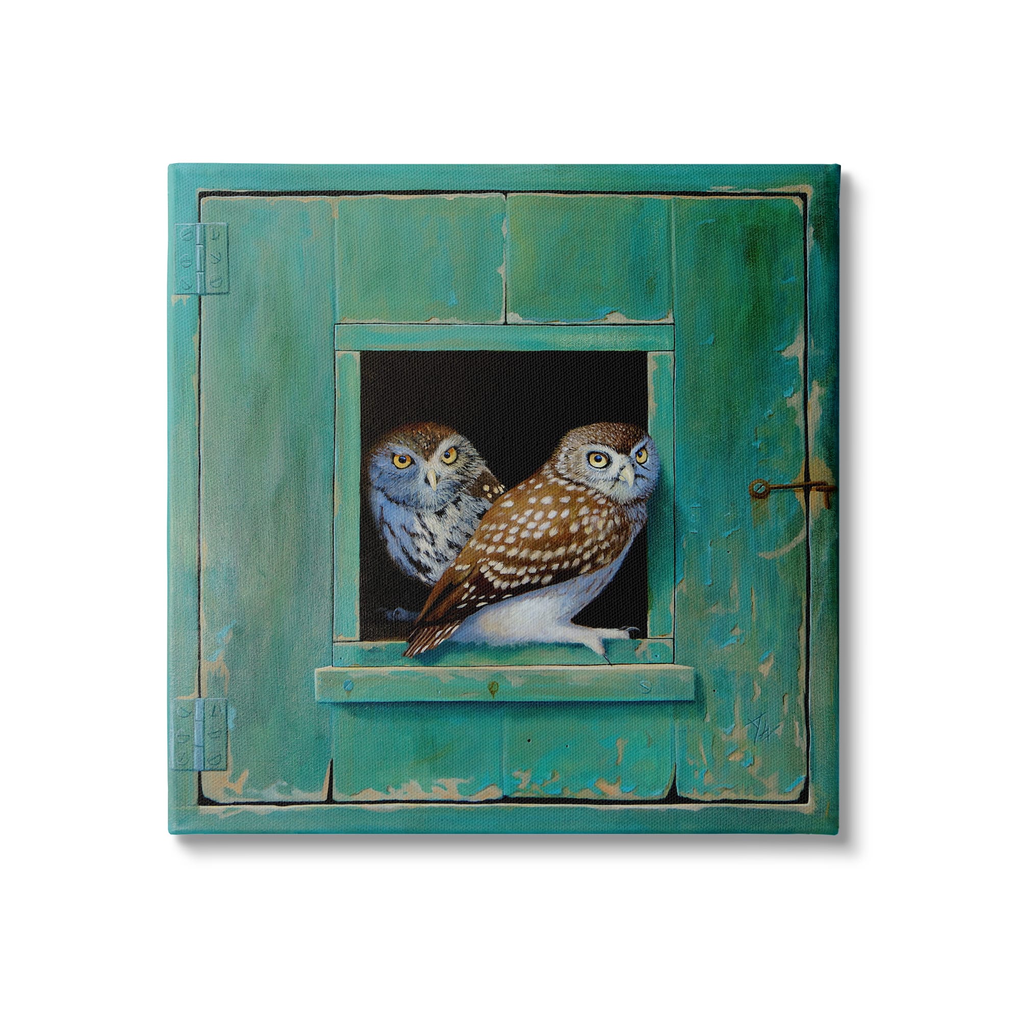 Stupell Industries Spotted Owls Perched Rustic Green Door Ledge Canvas Wall Art