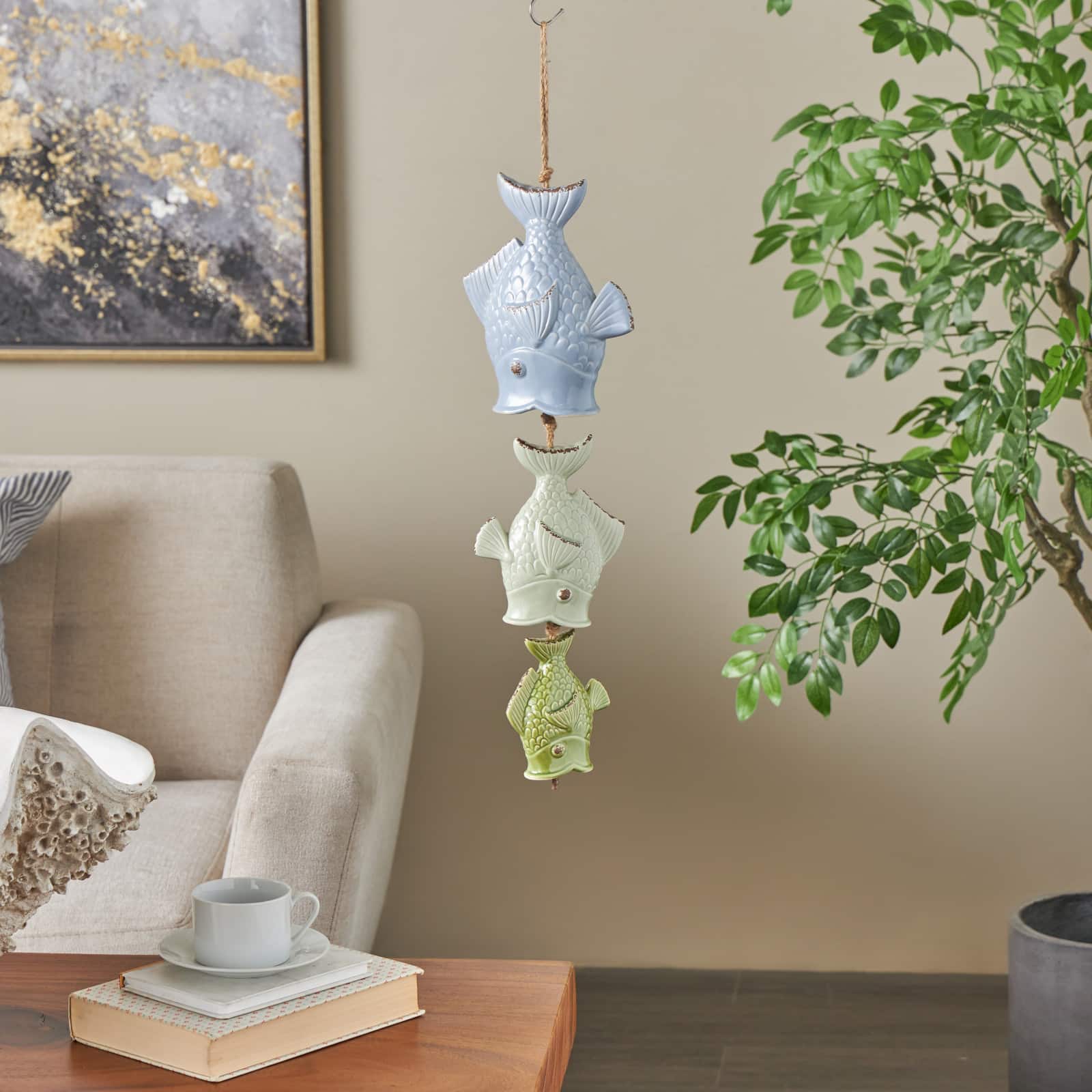 27" Green & Blue Ceramic Fish Windchime with Brown Rope