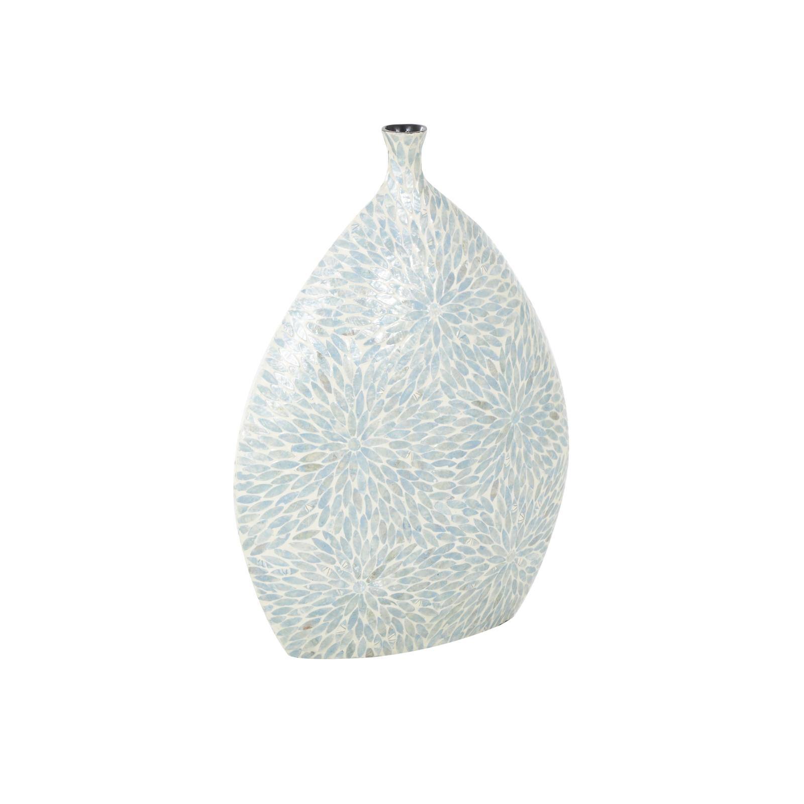 24&#x22; Light Blue Mother of Pearl Shell Floral Handmade Large Mosaic Vase with Cream Underlay