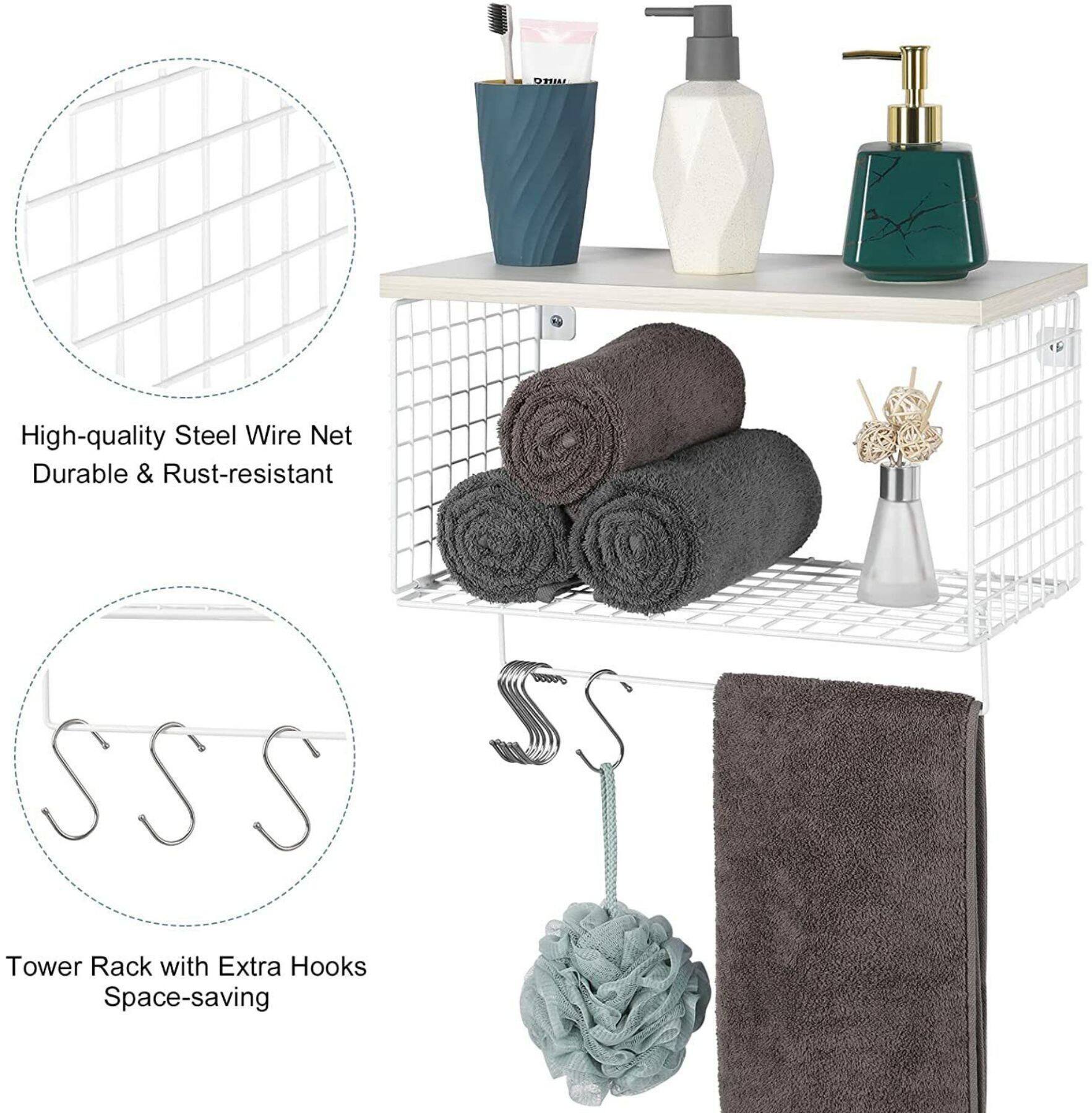 Wood & Metal Wall Mounted Bathroom Towel Rack with 6 Hooks