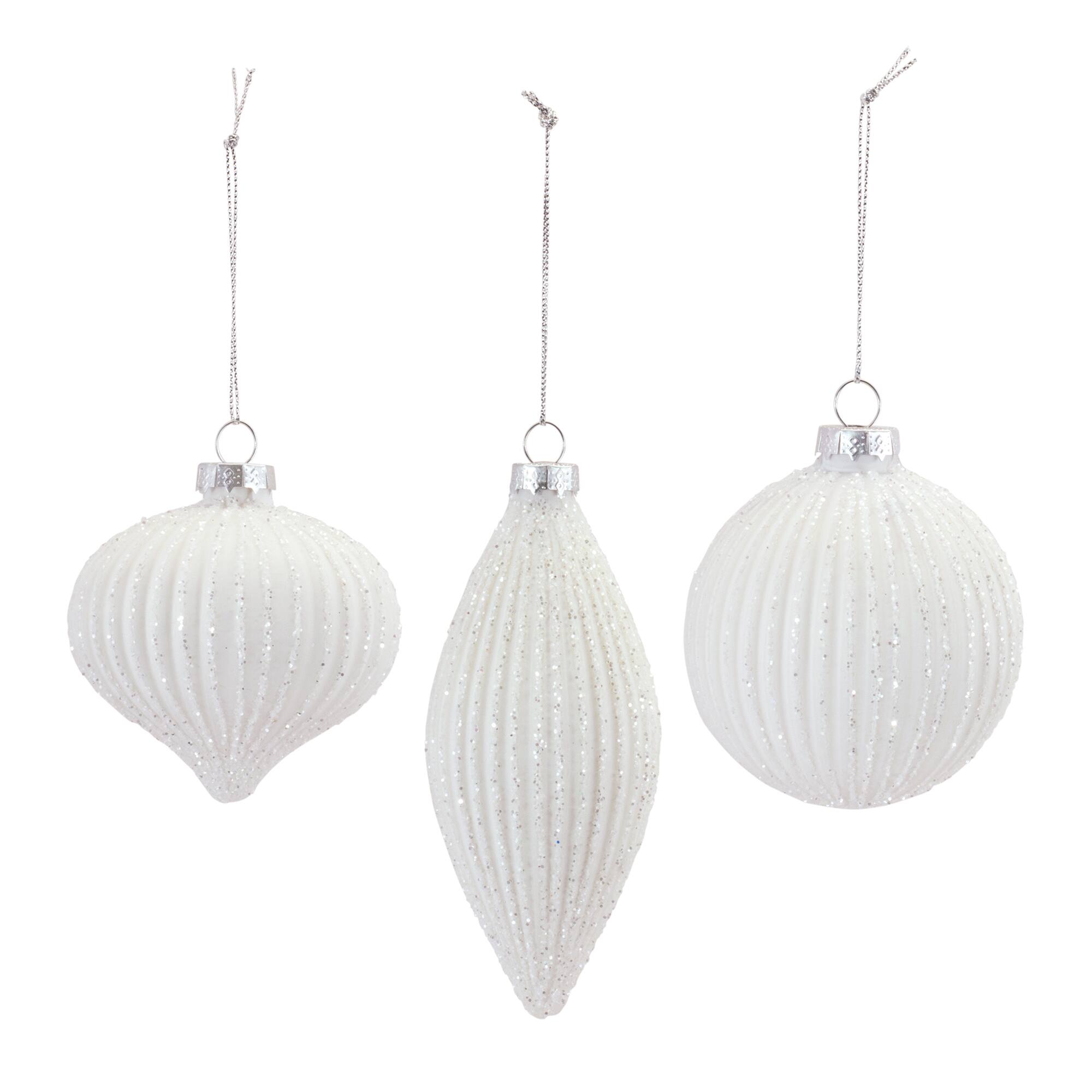 Glitter Ribbed White Glass Ornament Set