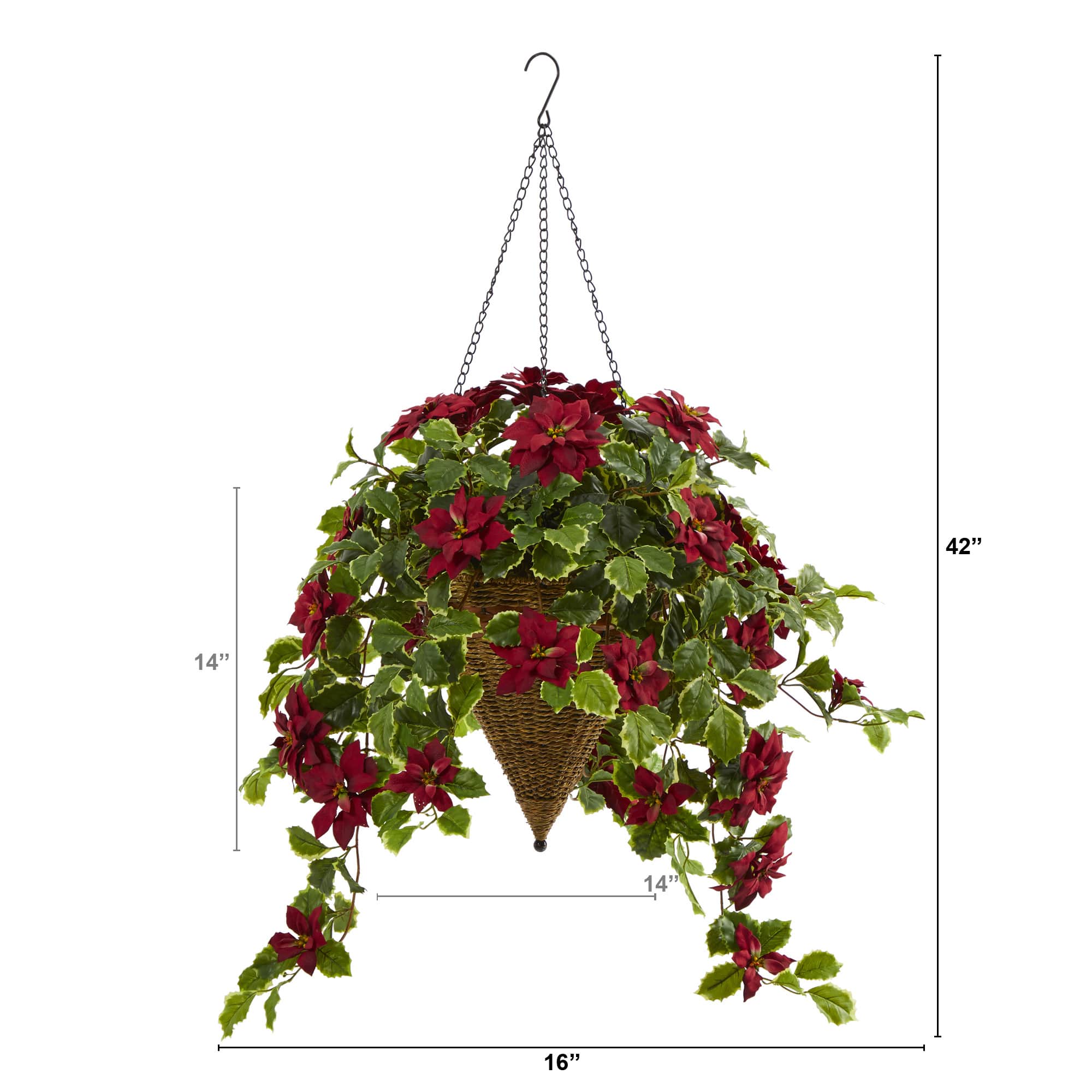 3.5ft. Real Touch Poinsettia and Variegated Holly Artificial Plant in Hanging Cone Basket